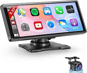 SANPTENT Wireless CarPlay Dash Mount Portable Car Stereo, Android Auto, 9.33-Inch FHD Touchscreen Car Audio Receiver, Drivemate, Car Buddy with Voice Control, AUX/AV in/USB, AHD Rear View Camera