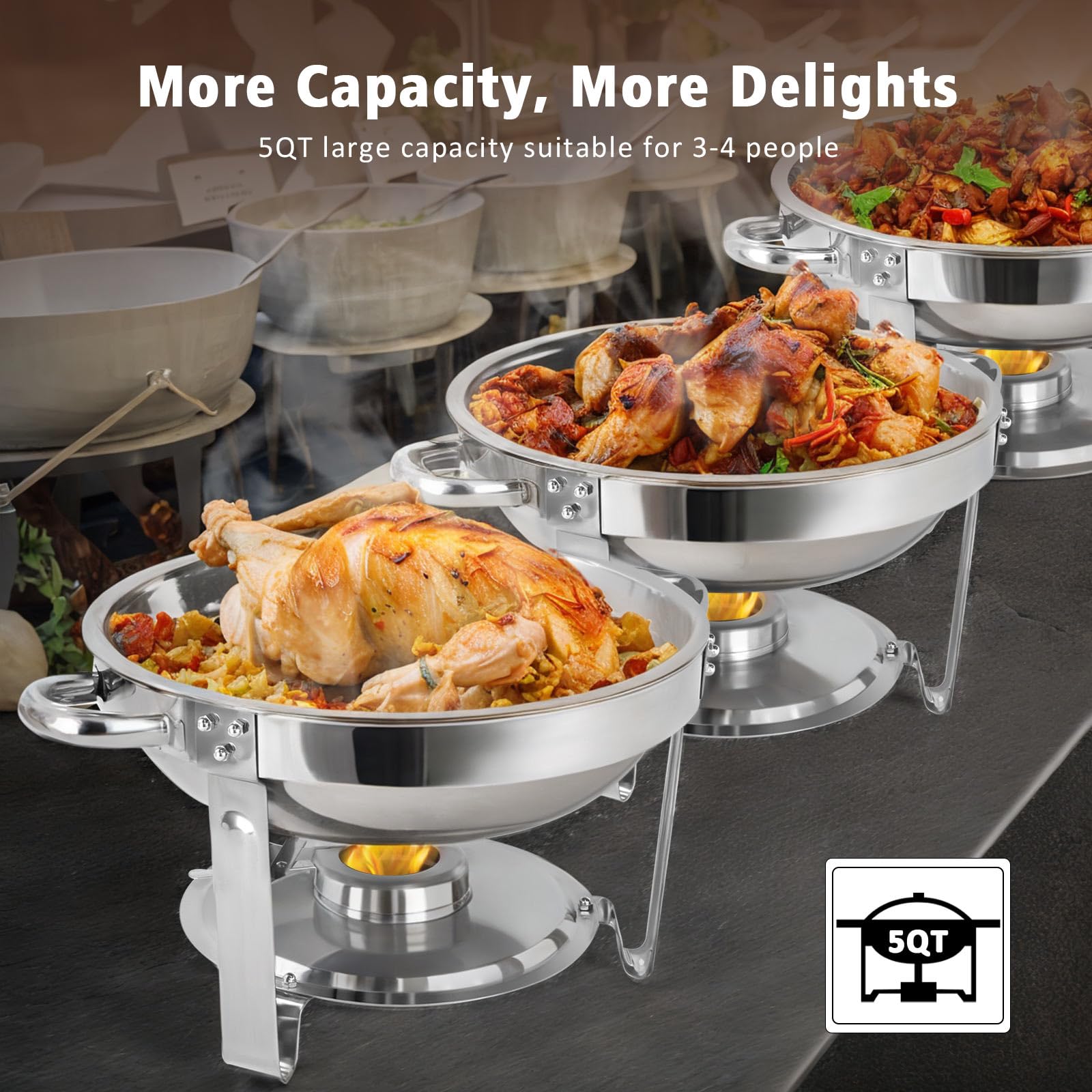 Scaldavivande in Argento for Buffet con Coperchio in Vetro Cucina a buffet | Set scaldavivande rotondo, bordo laminato in acciaio inossidabile for eventi di catering