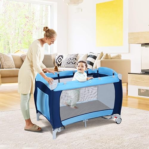 Miniatura 3 de HOMGX Pack and Play On The Go Playard, 3 en 1 para interiores y exteriores, multifuncional, plegable, moisés para viajes, con música, toldo, tapete