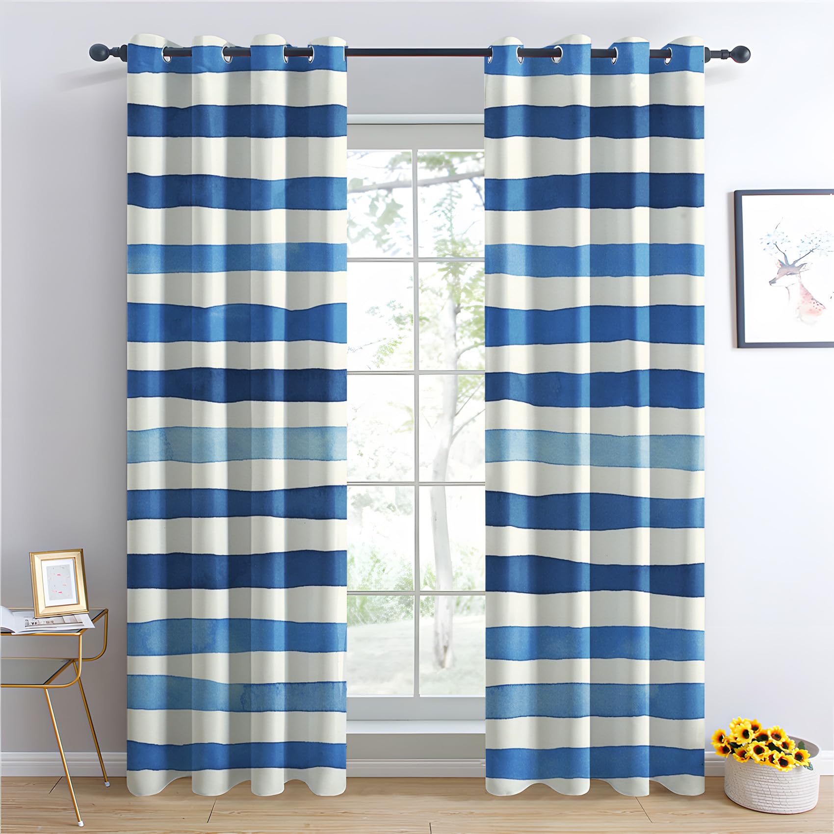 Luxfieo Blue and White Striped Blackout Curtains for Living Room Bedroom - 72 Inch Drop Curtains 66x72, Kids Nautical Coastal Patterned Window Treatments, Thermal Eyelet Drapes 2 Panels R#449