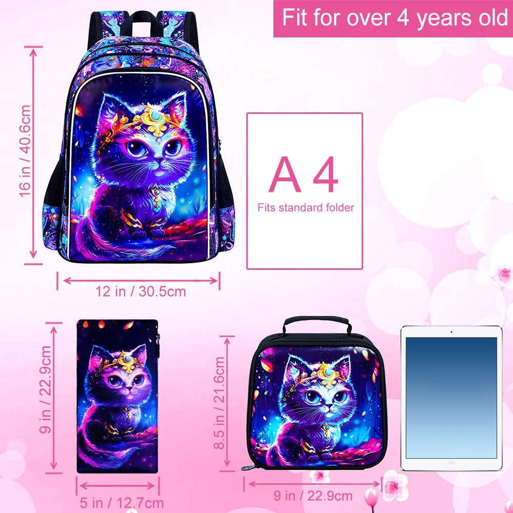 WZLVO 3PCS Cat Backpack for Girls, 16'' Kids Preschool Bookbag with Lunch Box, Cute Water Resistant School Bag Set for Elementary Kindergarten Toddler - Image 3
