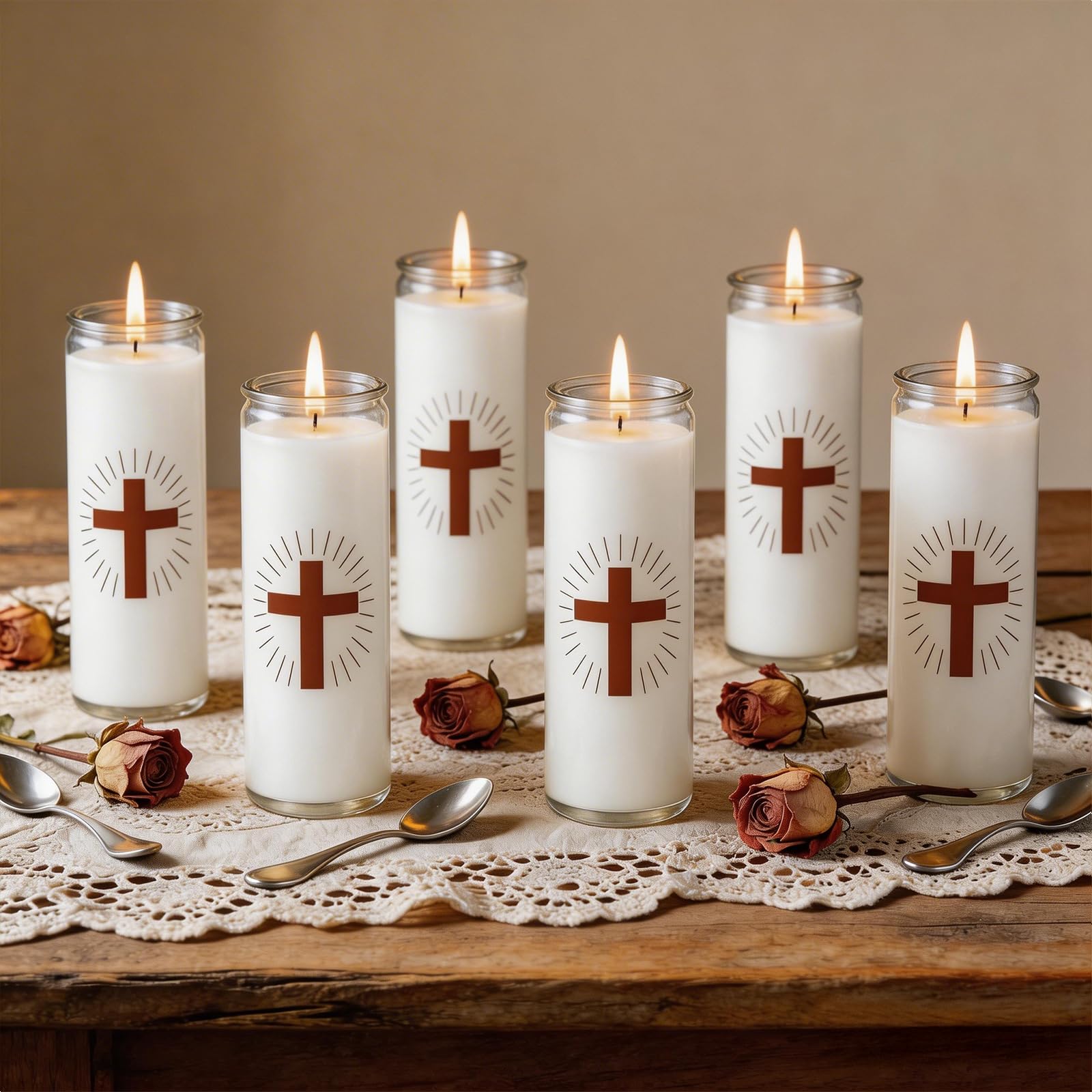 Trxvxo 6 Pack White Prayer Candles, Devotional Candles in Safe Blown Glass Jars with Cross, Long‑Burning Smokeless Catholic Candles for Vigil, Church