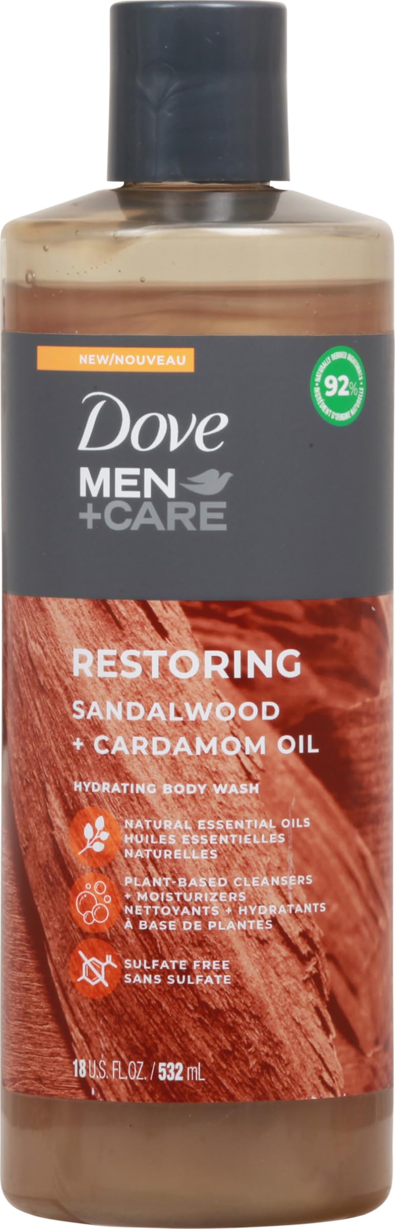 DOVE MEN + CARE Body Wash Sandalwood + Cardamom Oil to Rebuild Skin in the Shower with Plant-Based Cleansers and Moisturizers 18 oz