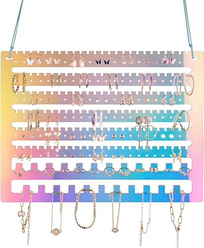 Miniatura 6 de NiHome Organizador de aretes colgantes de acrílico iridiscente, estante organizador de joyas de montaje en pared, soporte para aretes de pared con