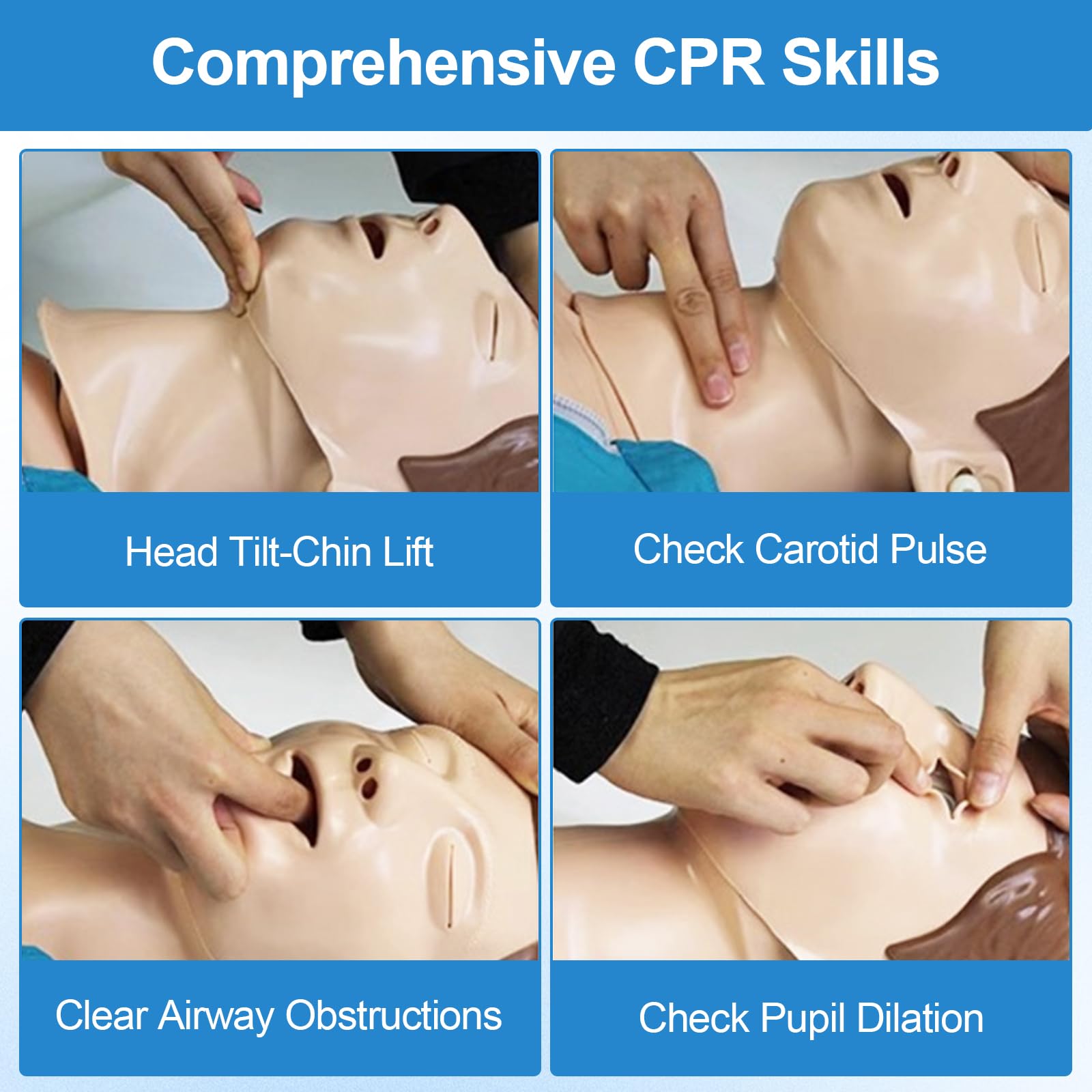 Maniquí de entrenamiento de RCP para adultos, maniquí profesional de práctica de reanimación con simulación de vías respiratorias, elevación del pecho, bolsas reemplazables para la piel de la cara y