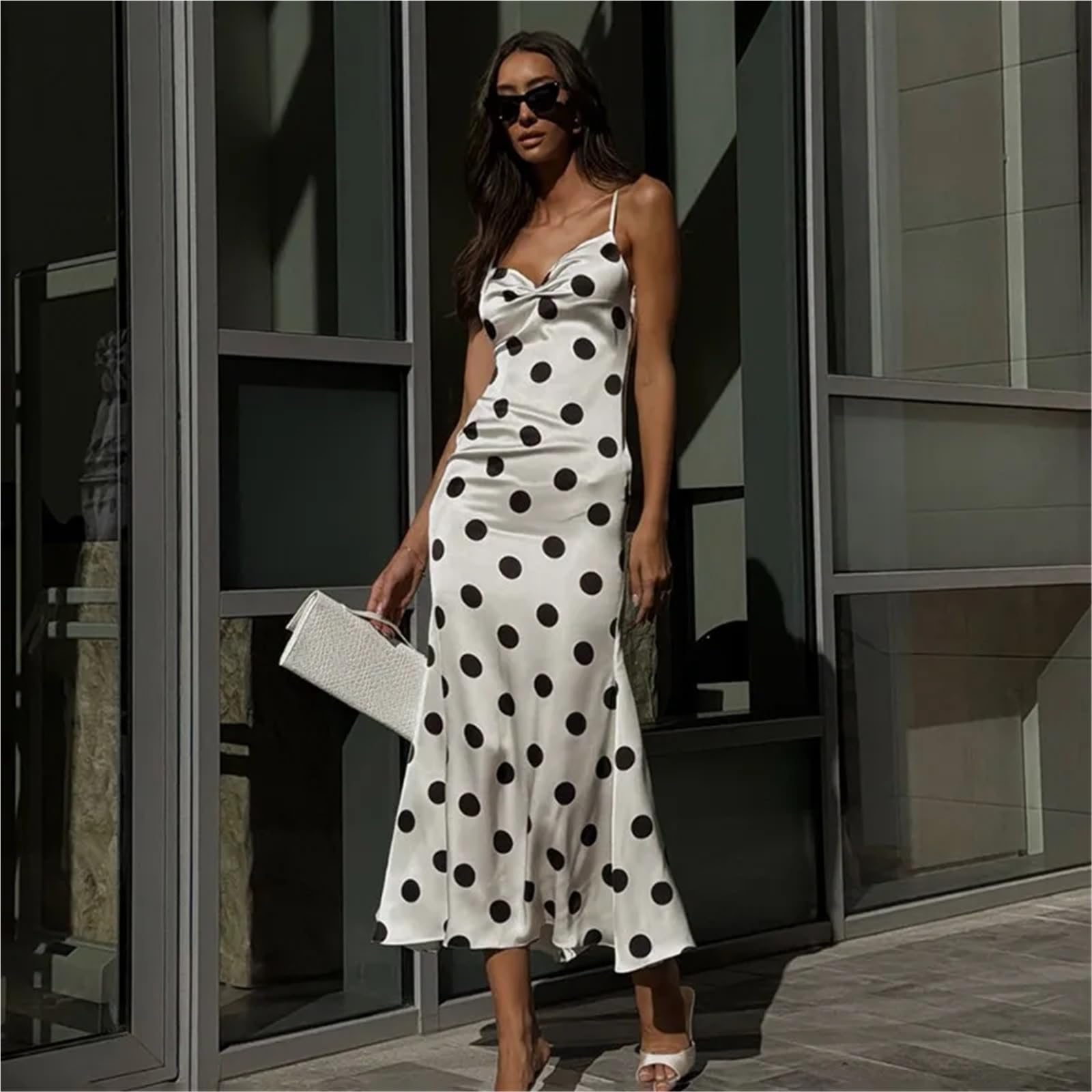 Vestido de Playa Blanco Maxi Mujer Sexy Cuello en V Estampado Patchwork Delgado Verano Elegante Fiesta Casual