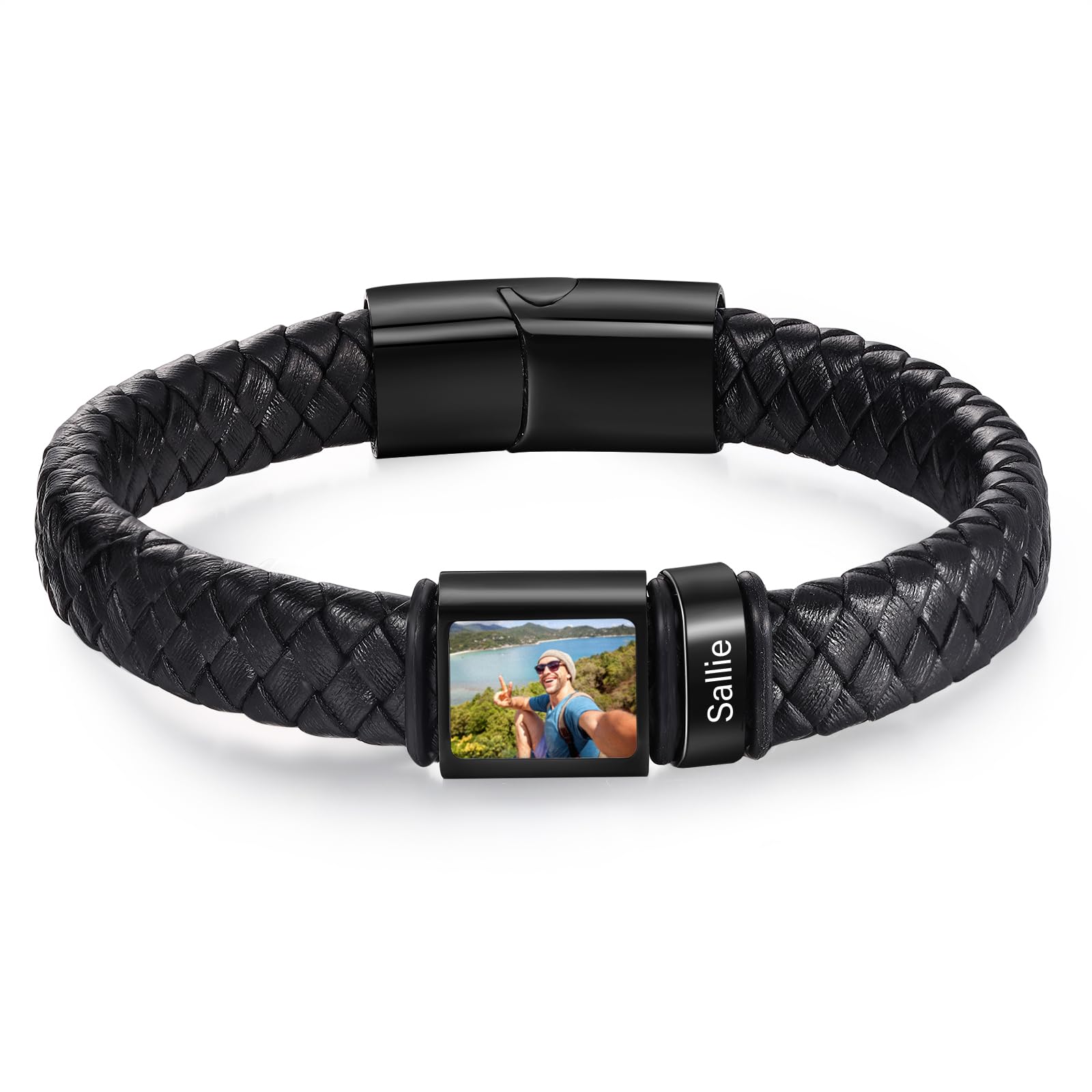 Amsgedhie Pulsera para hombre: Pulsera de cuero PU para hombre - Personalizada con nombre y foto - Cierre magnético de acero inoxidable - Regalos personalizados para hombre