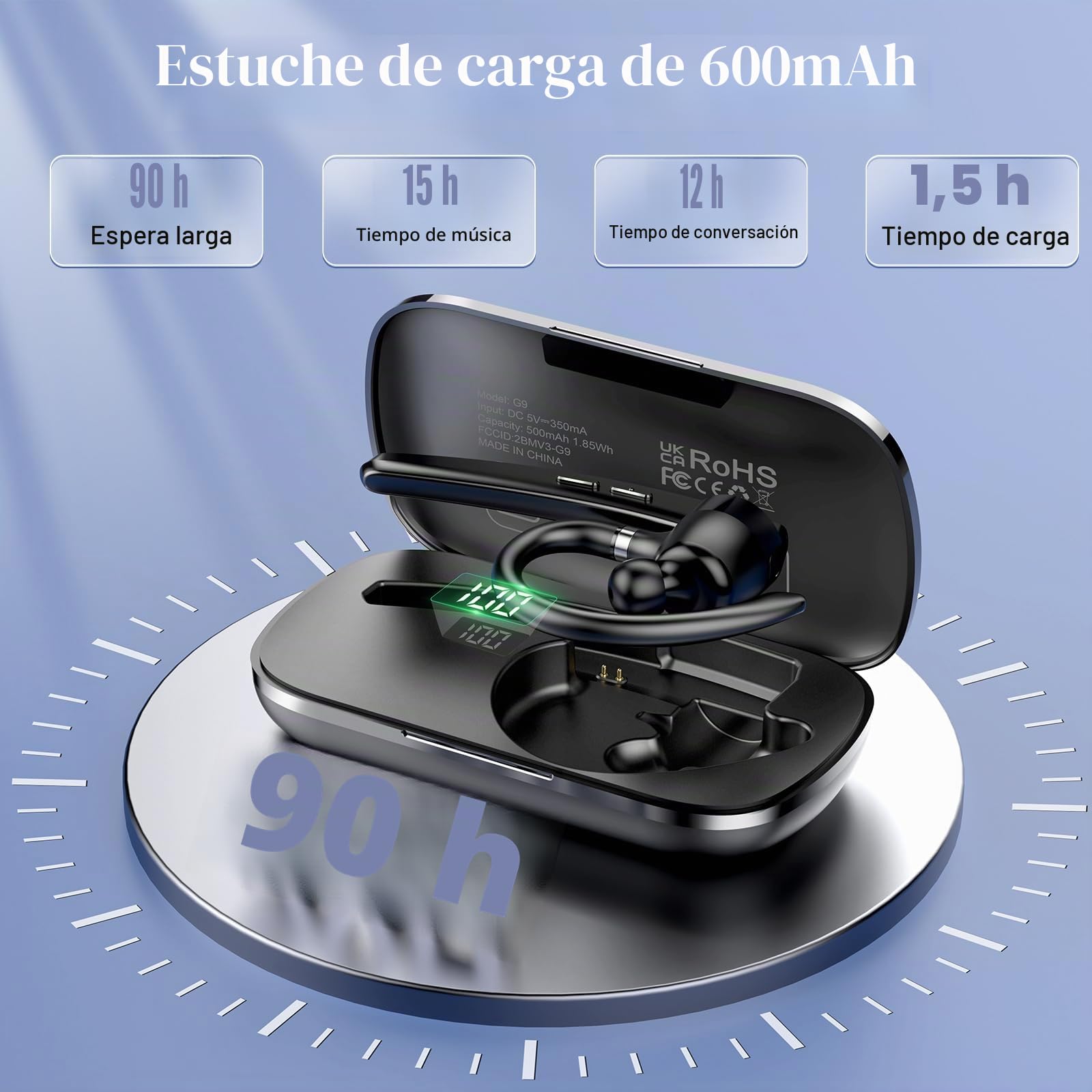 Thunelec Auriculares Manos Libres, 90 Horas aptx Auricular Bluetooth Mono con Doble Mic Cancelación de Ruido, Conexión Dual, Botón Mudo, Auriculares Manos para Camioneros, Negocios y Deporte, Gris