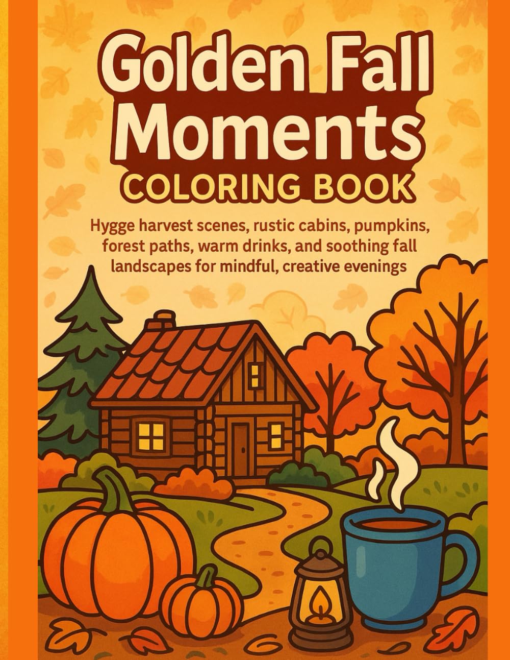 Golden Fall Moments Coloring Book: Hygge harvest scenes, rustic cabins, pumpkins, forest paths, warm drinks, and soothing fall landscapes for mindful, creative evenings