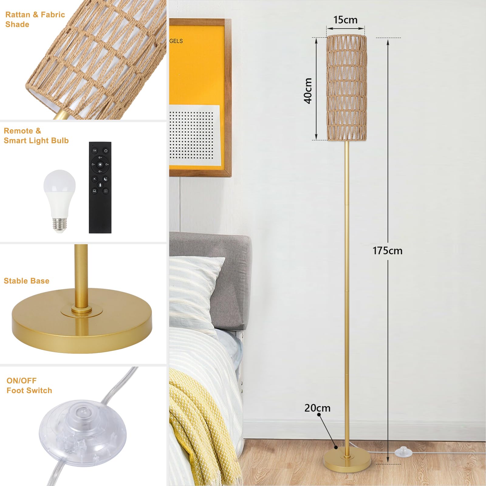 Rayofly Doré Lampadaire Réglable et Télécommandé, Contrôle par App, en Rotin avec Abat-jour en Rotin & Lin, Moderne pour Salon, Chambre, Bureau (Ampoule Incluse)