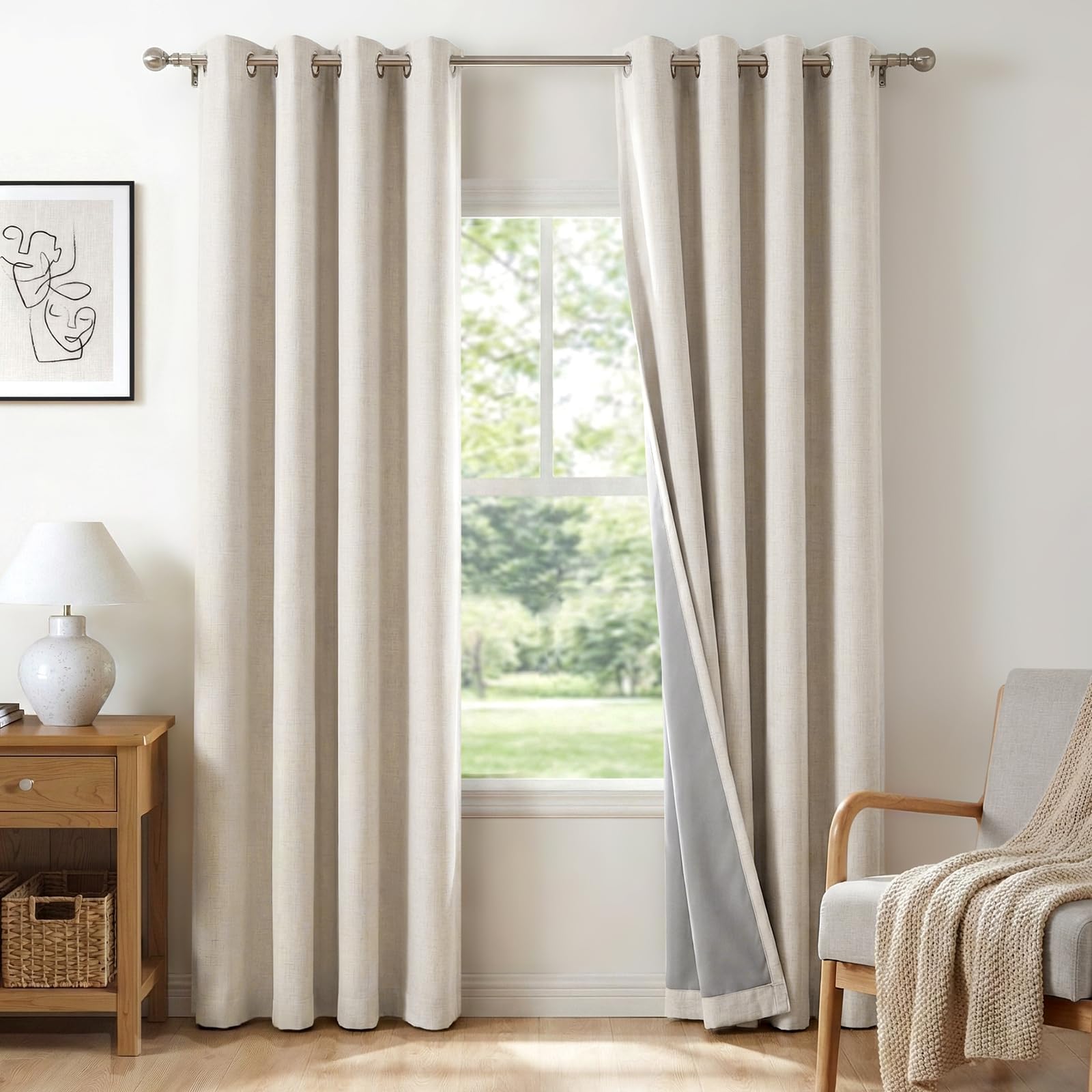 - 100% Blackout Linen Curtains 84 Inch Long 2 Panels Set, Beige