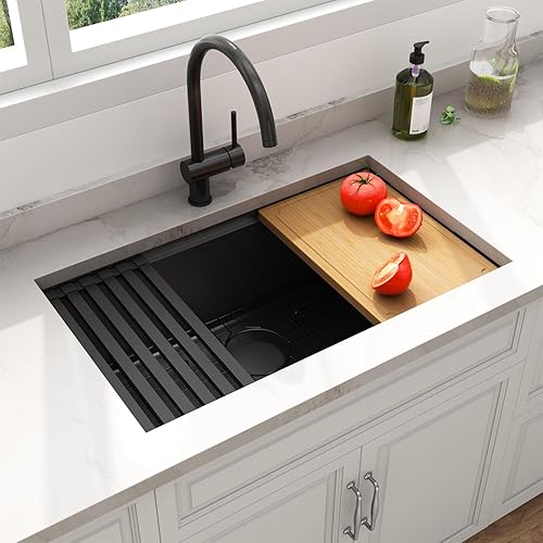 Miniatura 77 de LQS Fregadero de cocina negro de 33 x 22 pulgadas, fregadero de cocina desplegable de 33 x 22 pulgadas, fregadero de acero inoxidable calibre 16