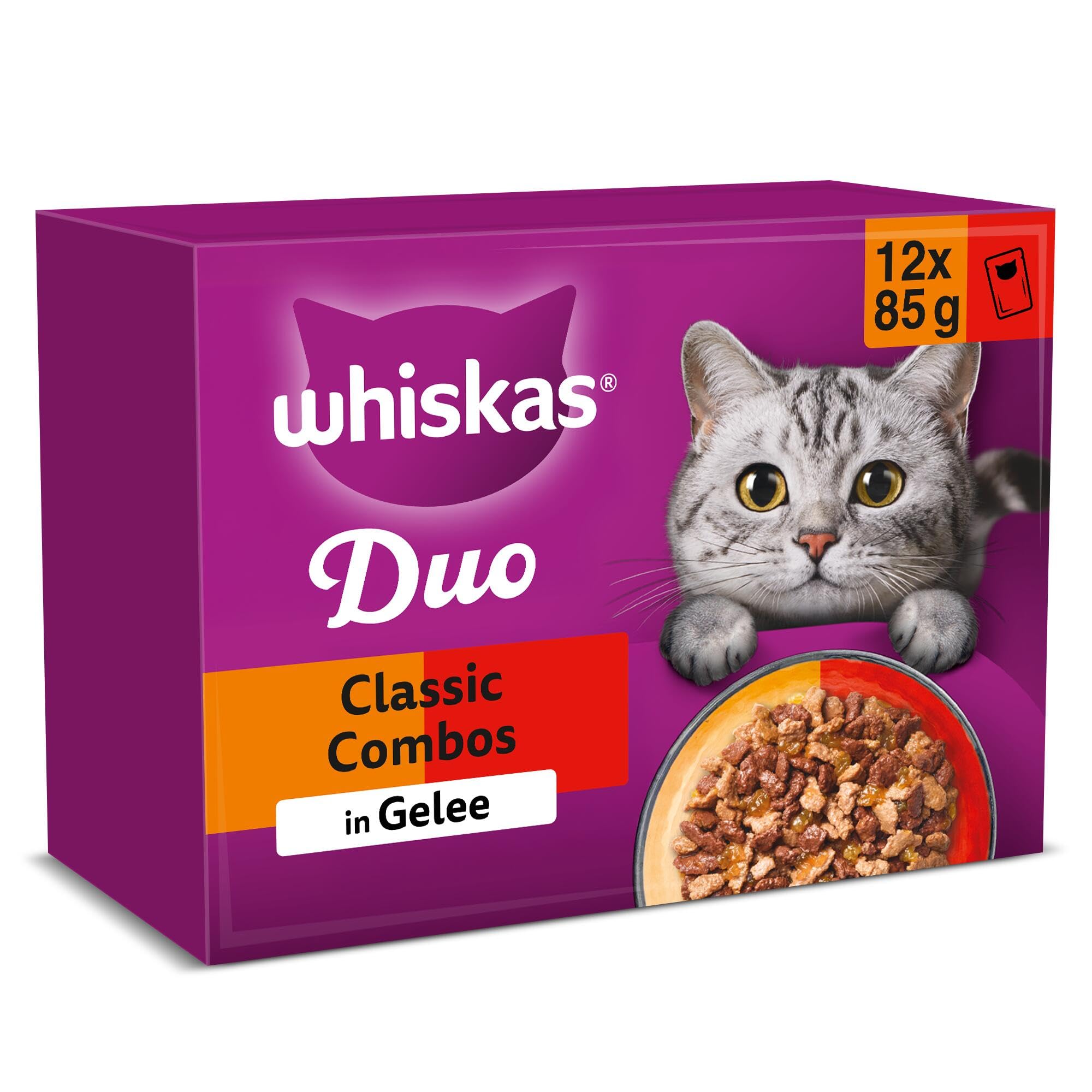 WHISKAS Duo Nassfutter Portionsbeutel Multipack, Classic Combo in Gelee, 12 x 85g