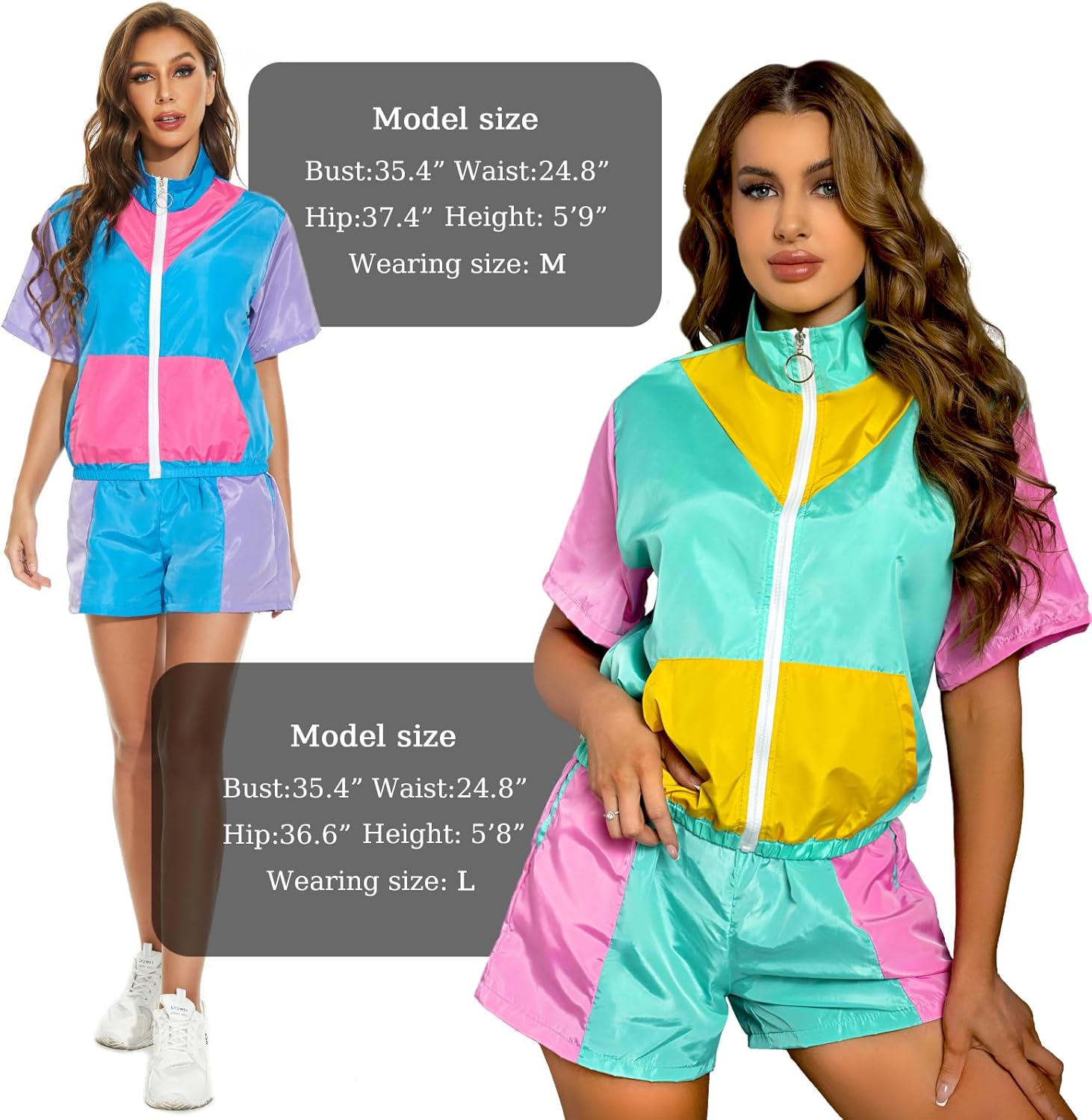 Yisfri Women's Color Block Windbreaker 2 Piece Outfits Short Sleeve Zip Front Elastic Waist Tracksuit Set - Image 5