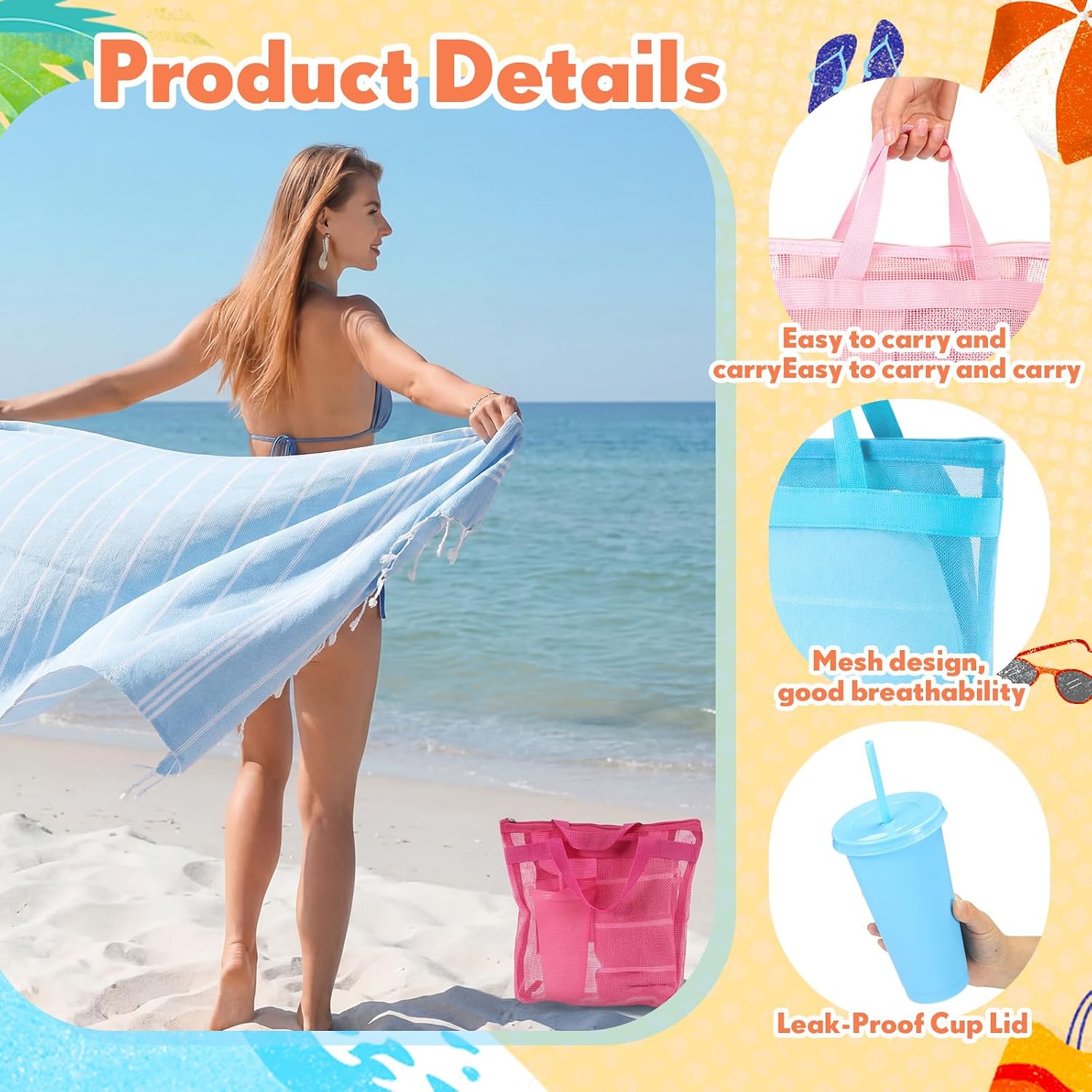 Threan 18 Pack Teacher Appreciation Gift Bulk Beach Pool Party Favors Turkish Tassel Summer Beach Towels 71 x 35 Inch Large Pool Towels, Mesh Tote Bags, Plastic Tumblers with Straws Lid