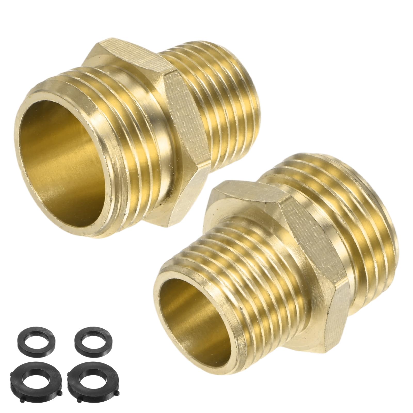 M METERXITY 2-Pack 3/4" GHT Male to 1/2" NPT Male Hose Adapter, Brass Garden Hose Fittings Connector with Rubber Washers for Faucet/Irrigation System Quick Connect