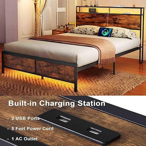Miniatura 4 de Base de cama Queen con luces LED, 2 puertos USB, cabecera rústica de almacenamiento de 2 niveles, marco de cama de plataforma industrial, cámaras