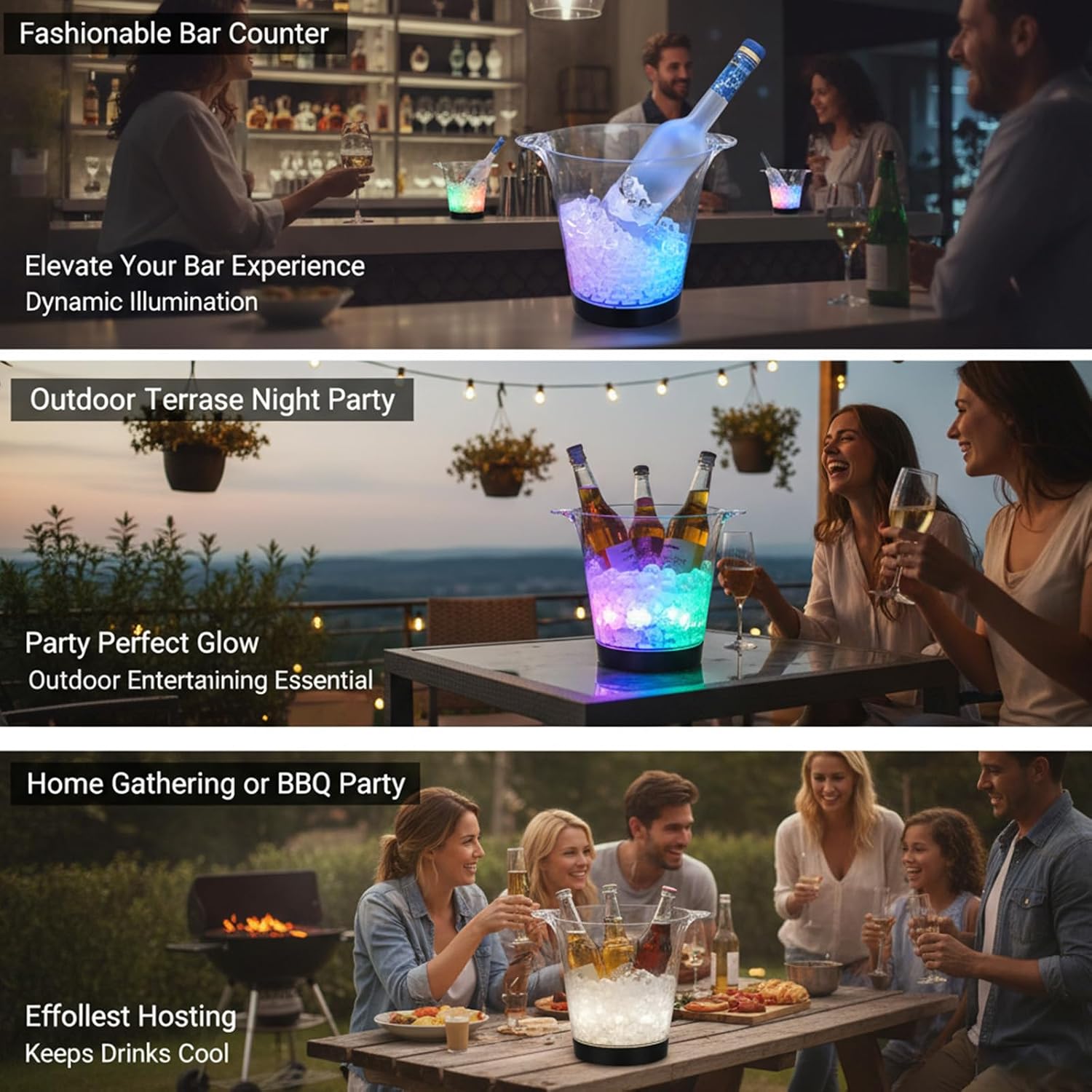 LED Ice Buckets 4l Clear Plastic Beer Buckets with LED Light RGB Colors Changing Cooler Ice Container with Stand for Party Home Bar Ktv Clubs