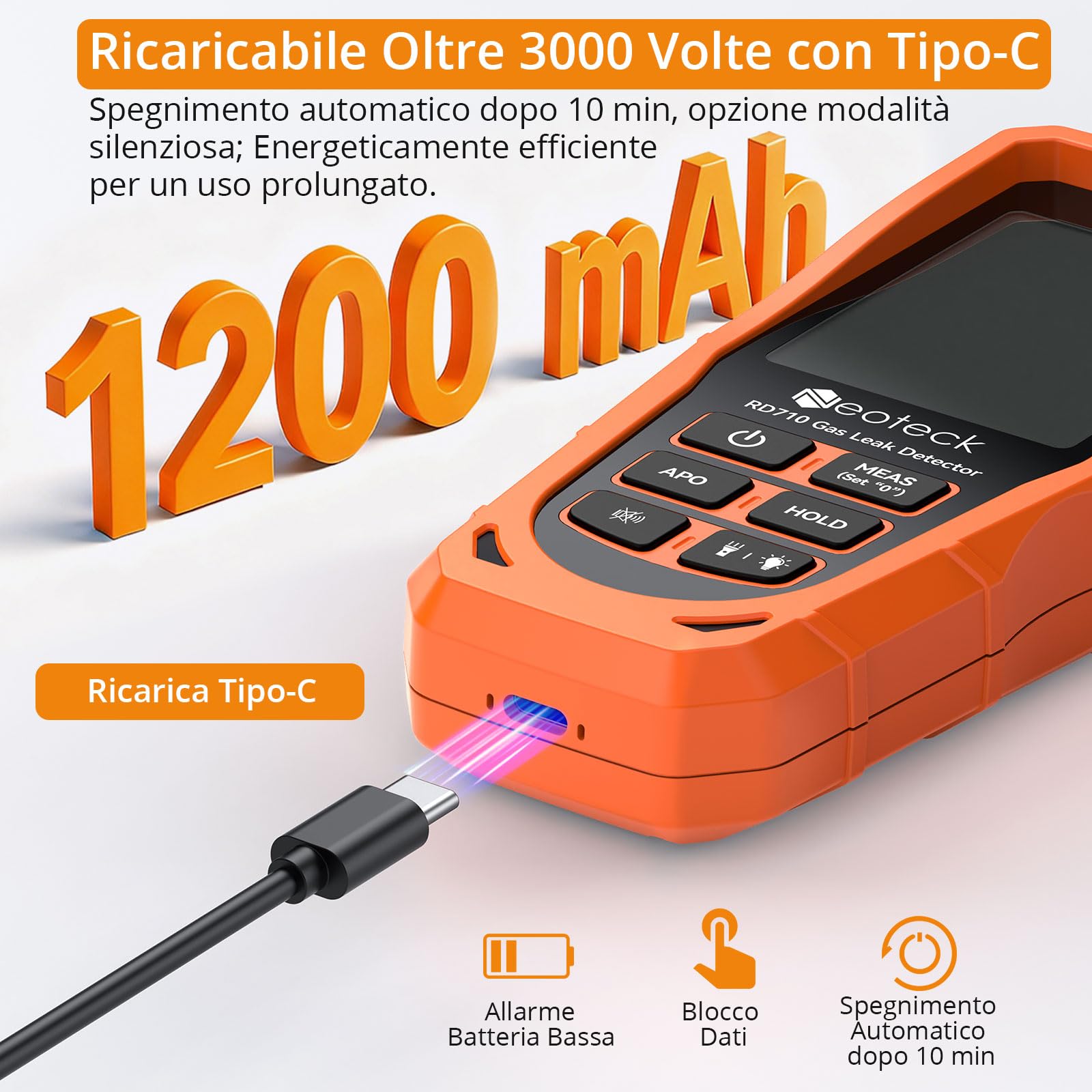Neoteck Rilevatore di Fughe di Gas Portatile Ricaricabile Detector Gas Metano, GPL e Naturale (0-10000 ppm) con Display LCD 2.9", Allarme Sonoro+Luminoso e Torcia per Casa, Cucina, Officina, Camper