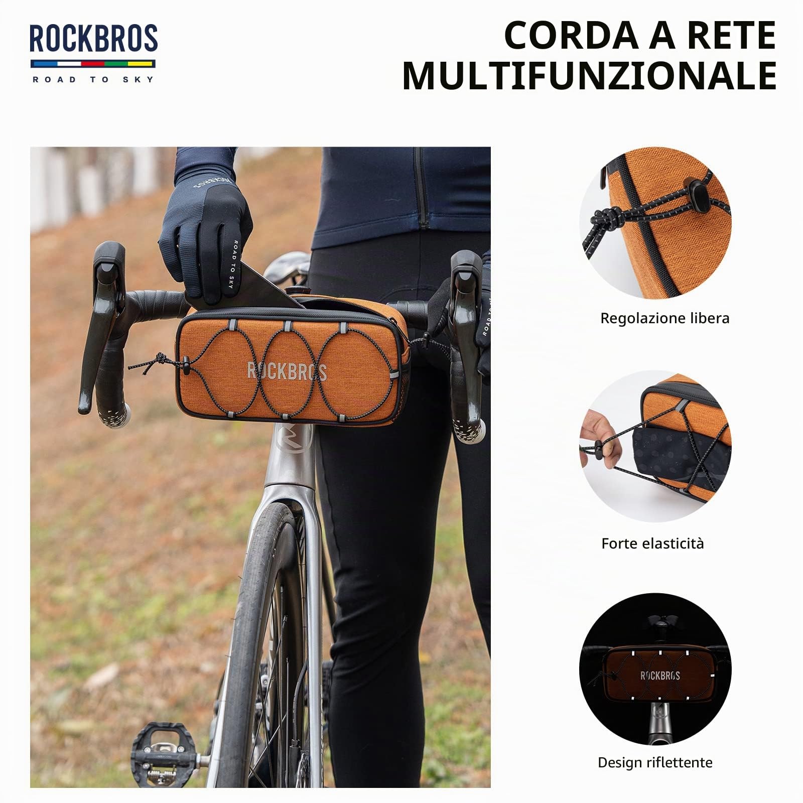 ROCKBROS Road to Sky Borsa Manubrio Bici, Borsa Anteriore Stabile Bicicletta, Grande Capacità 1.9L, Borsello Manubrio Riflettente per MTB, Bici da Corsa, Bici da Città, Accessori Bici