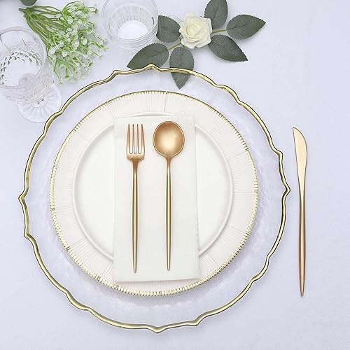 Miniatura 7 de Tableclothsfactory Juego de 50 cubiertos dorados de plástico resistente, cubiertos desechables elegantes de primera calidad