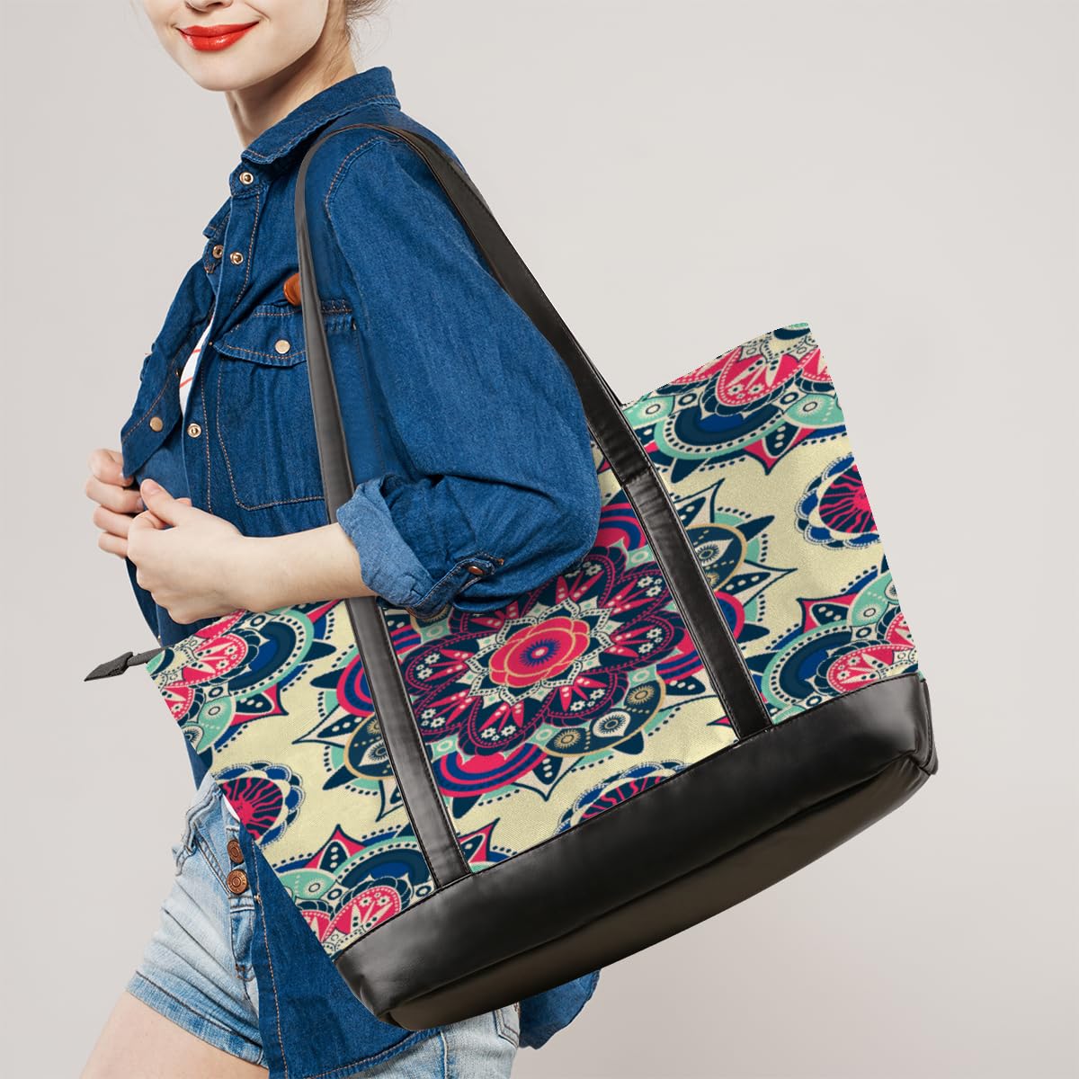 TropicalLife Etniczna mandala damska torba na laptopa etniczna mandala damska zamek błyskawiczny duża płócienna torebka na ramię torba kurierska do biura podróży na zakupy, Kolor, 15 L