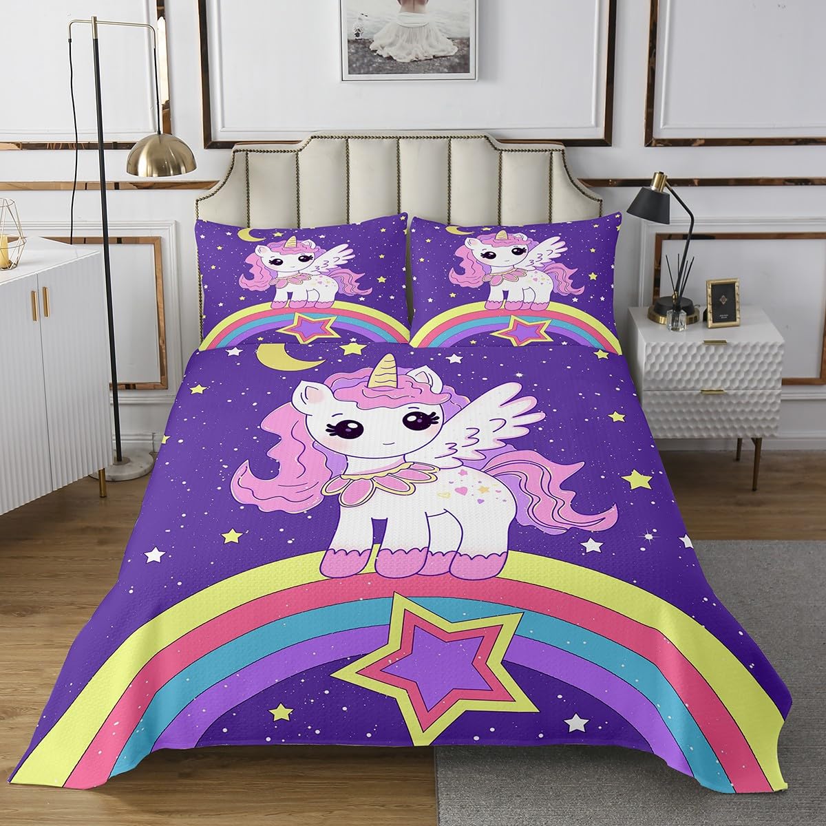 Cartoon Unicorn Coverlet Set Queen Size,Kawaii Pink Horse Cute Animal Durable Bedspread for Girls Teens,Starry Stars Rainbow Lovely Purple Soft Polyester Quilt Set, with 2 Pillowcases