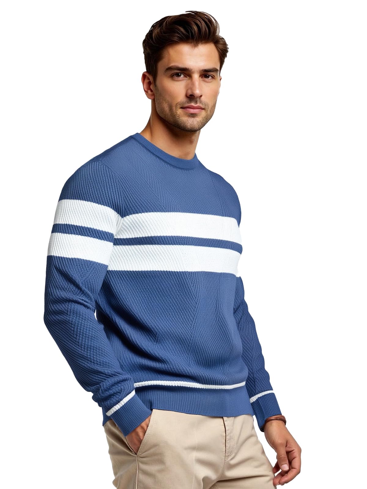 Jersey Hombre Invierno Suéter Casual con Bloques de Color Cuello Redondo Manga Larga Jersey de Uso Diario a Rayas Tops