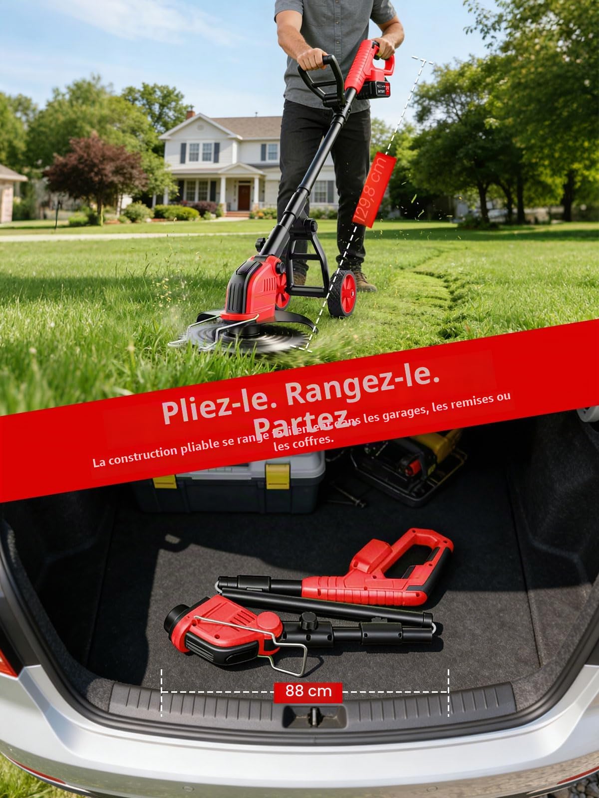 30CM Debroussailleuse Electrique sans Fil, 2x3.0Ah Batterie et Chargeur Coupe Bordure sans Fil, 20 000 TR/Min, Débroussailleuse à Batterie avec 4 Types Lames Longueur RéGlable pour Jardin Élagage