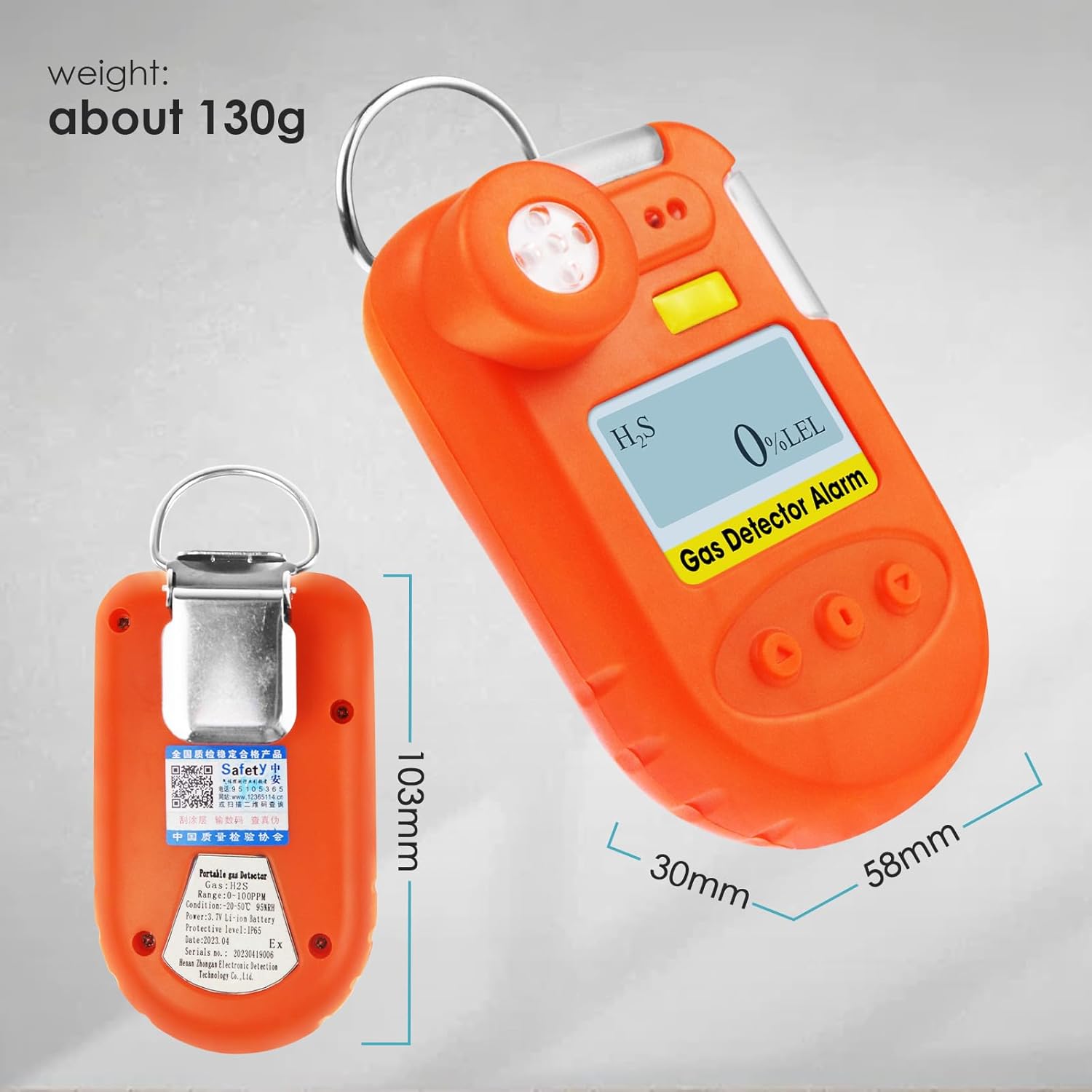 H2S Monitor Clip-On Gas Detector 0~100ppm High Precision H2S Gas Detector Hydrogen Sulfide Monitor with Backlit LCD Display, 3 Alarm Modes, 1500 Event Records with Timestamps for Various Environments