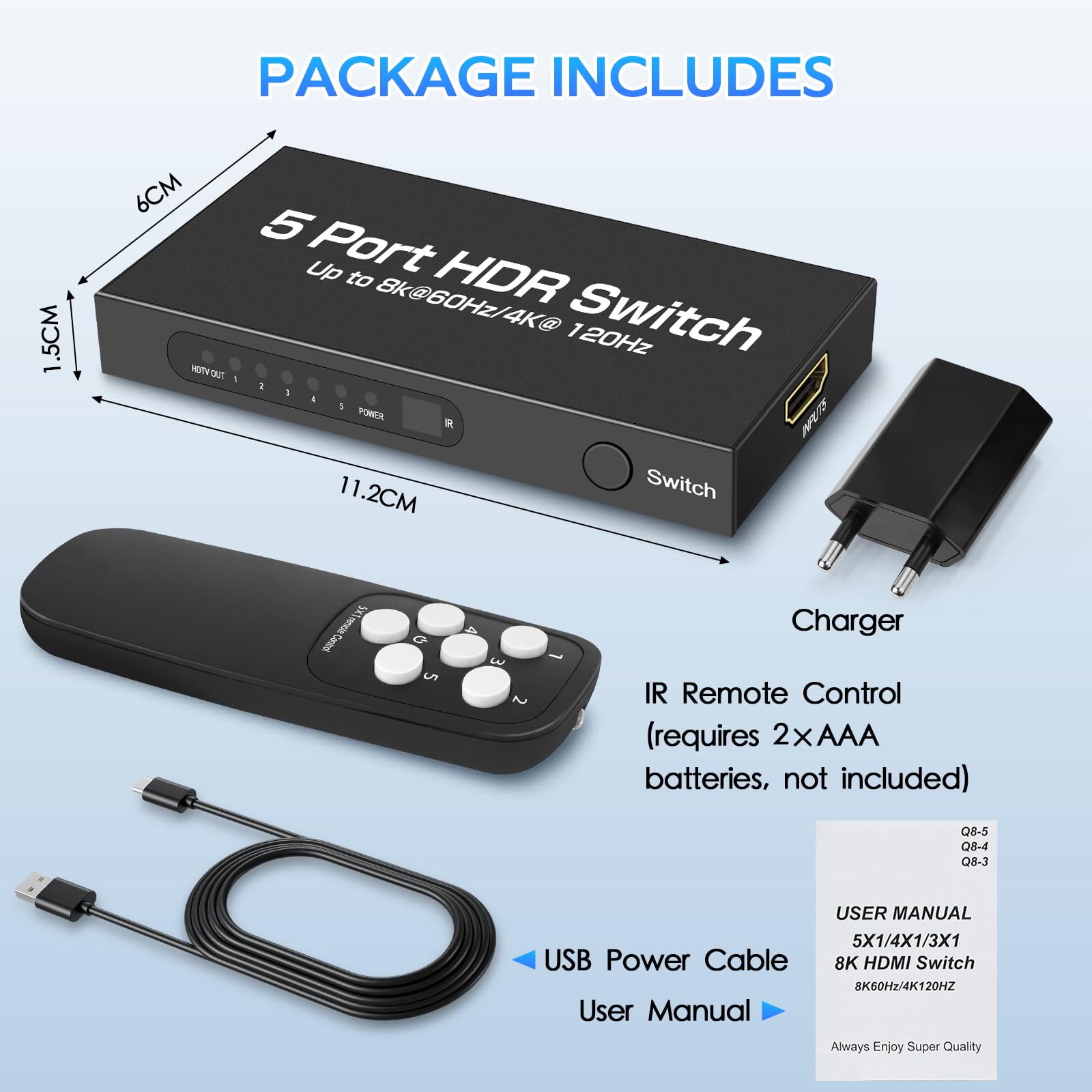 Switch HDMI 2.1 8K@60Hz 4K@120Hz, HDMI Switch 5 in 1 Out, con Telecomando, Supporta 48Gbps e HDCP 2.3 1080P UHD 3D Dolby Atmos Compatibile con PC,Monitor,PS4,TV Stick,Proiettore,HDTV,Lettore Blu-Ray