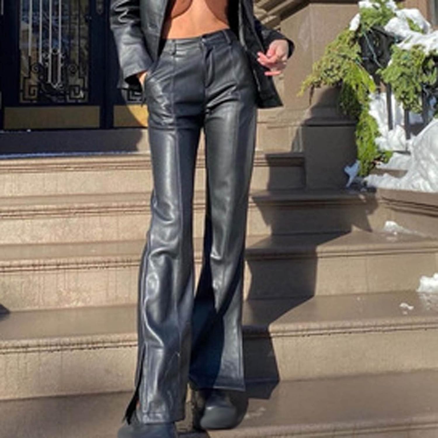 leather pants, Palazzo leather pants, Elastic leather pants, Corduroy leather pants, Black