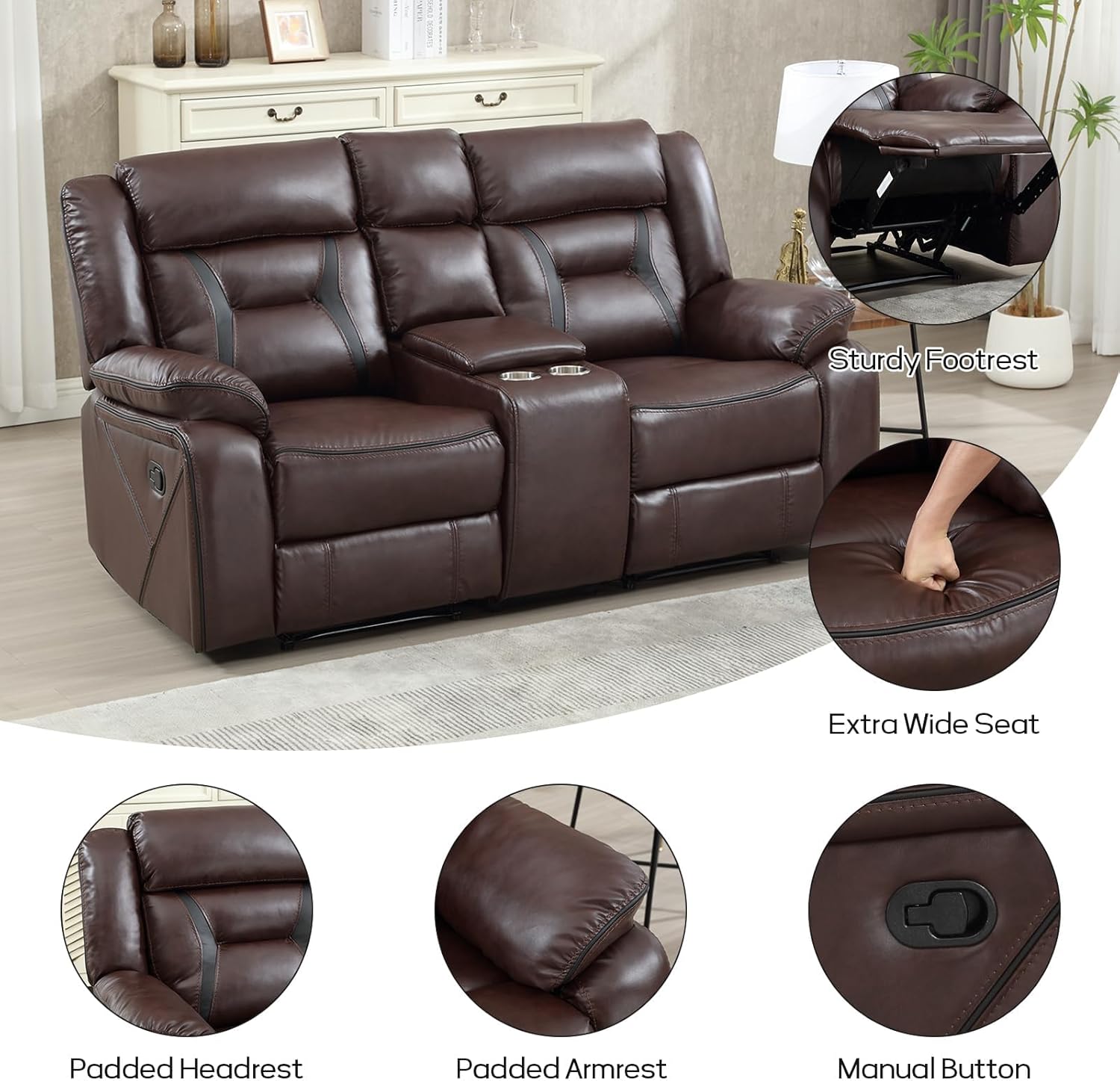 EBELLO Manual Faux Leather Loveseat Recliner, 2 Seat Reclining Sofa Chair with Center Console, Hidden Storage and Cup Holders, Daul Recliner for Living Room, Meeting Room, Dark Brown (Loveseat)