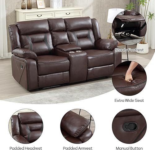 Miniatura 3 de EBELLO Sofá reclinable manual de piel sintética, sofá reclinable de 2 asientos con consola central, almacenamiento oculto y portavasos, sillón