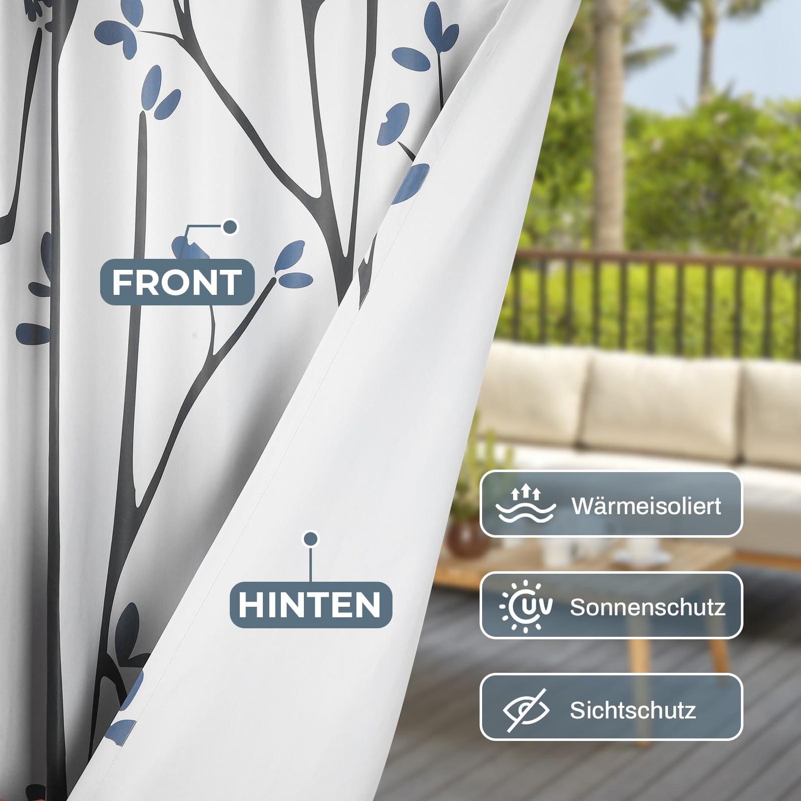 Rideau D'extérieur Imperméable Qelus - Motif Branches Avec œillets - Protection Solaire Terrasse/jardin