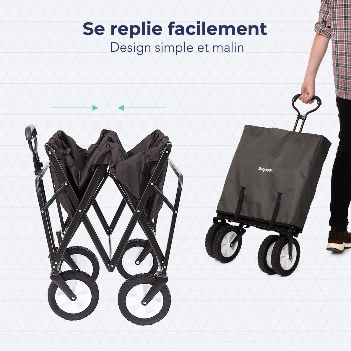 LifeGoods Chariot de plage – Chariot pliant avec roues – Grand chariot de plage – Roues pivotantes – 2 supports – Capacité de charge de 70 kg – Gris