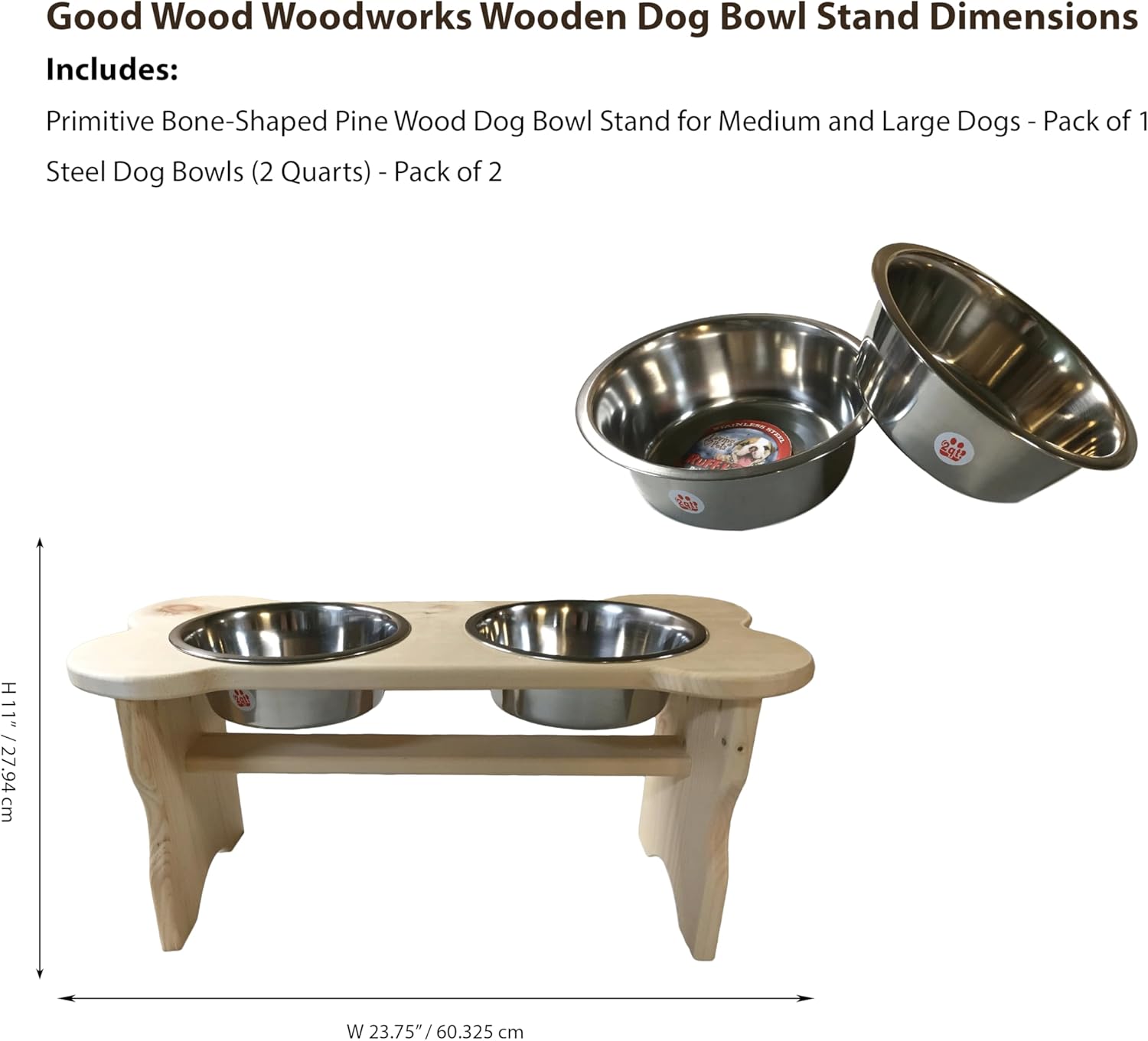 Good Wood - Bone Shaped Dog Bowl Stand for Large and Medium Dogs - Unfinished Solid Pine Wood - Made in the USA