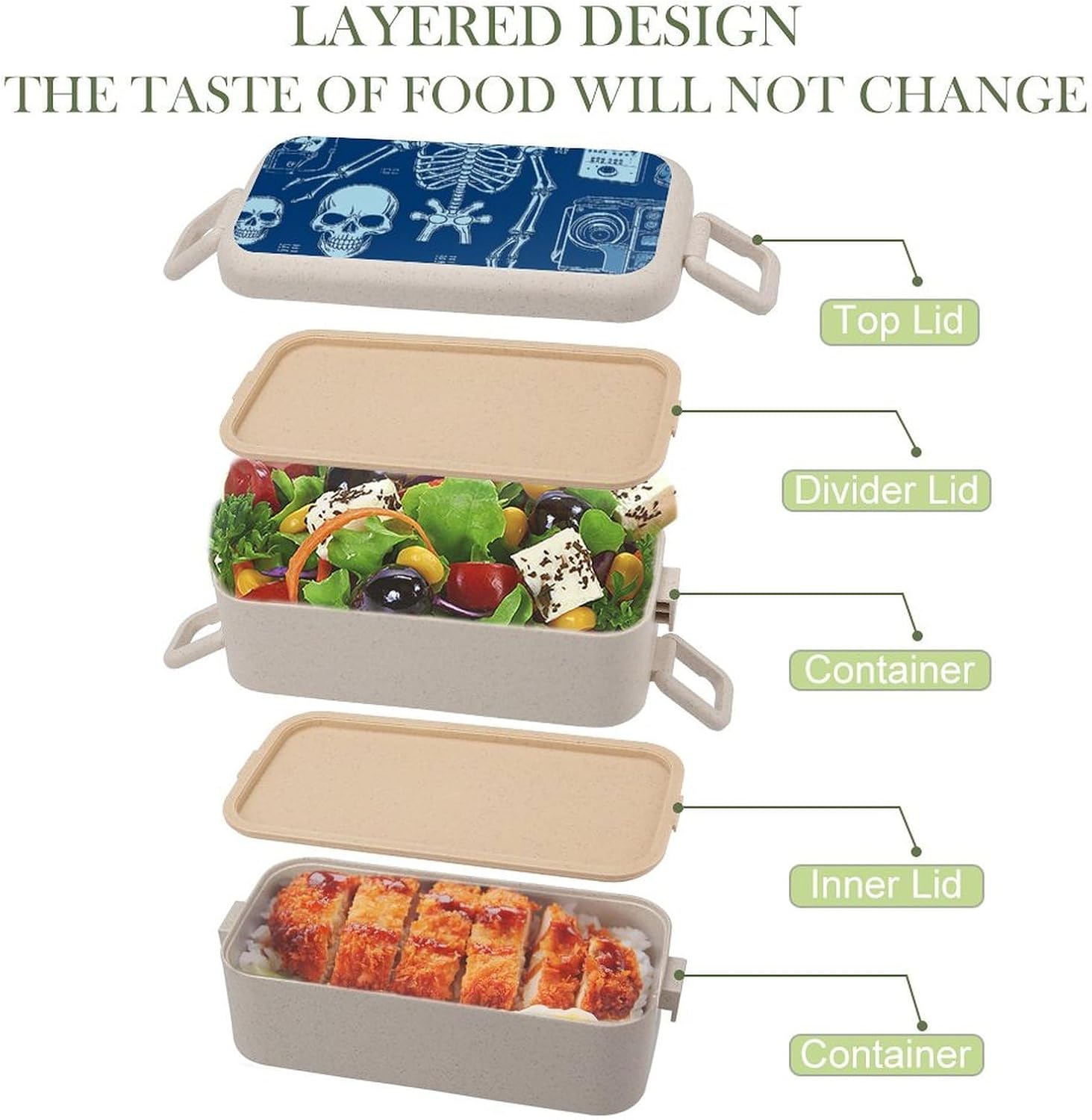 Lunch Box Bento Premium Skeleton with Funny Face Printed Bento Box Bento with Spoon And Fork with Compartment Containers Suitable for Men And Women, style