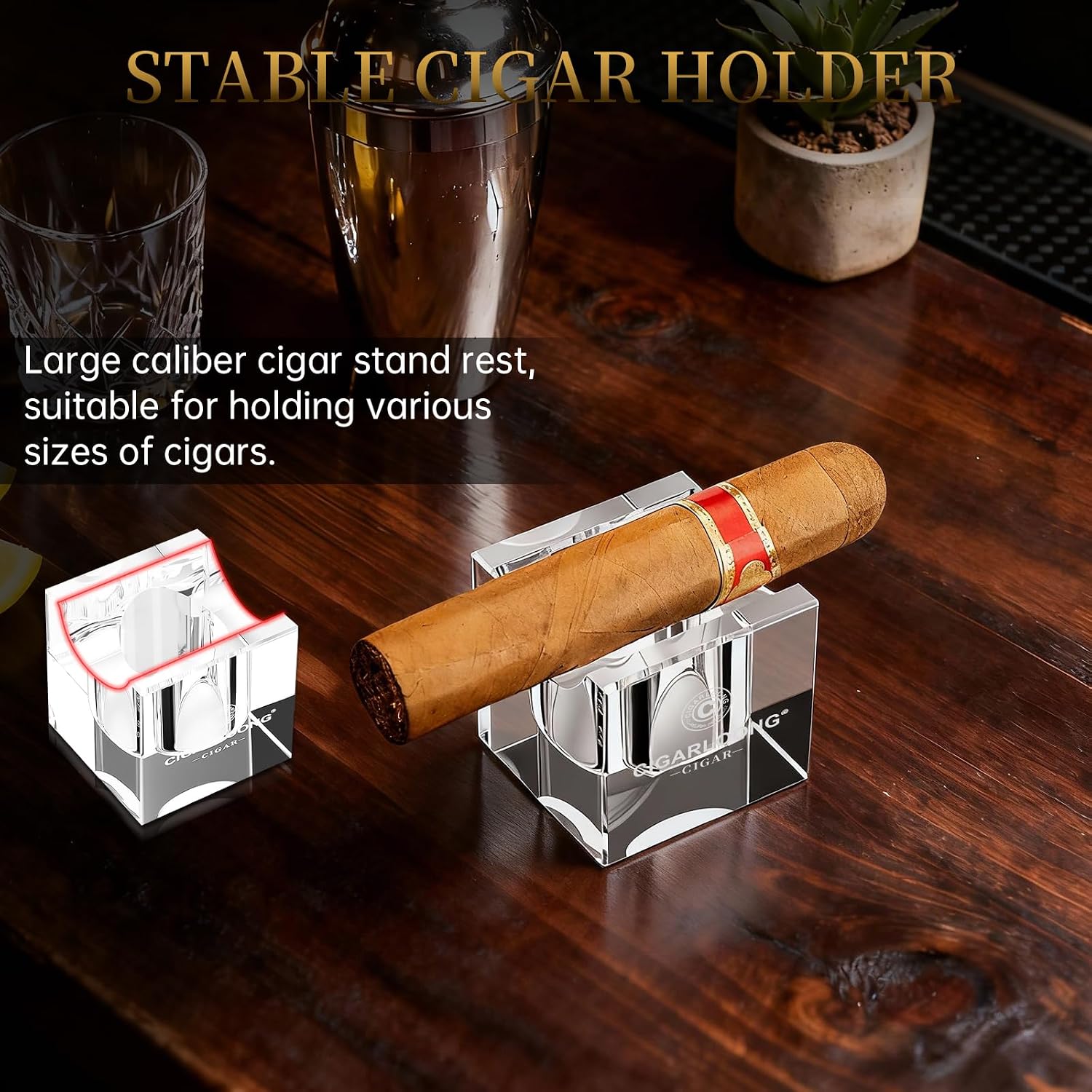 Cigar Stand Crystal Glass Portable & Stylish Mini Cigar Rest, Outdoor and Indoor Use, Cigarettes Accessories for Holder (Gold)