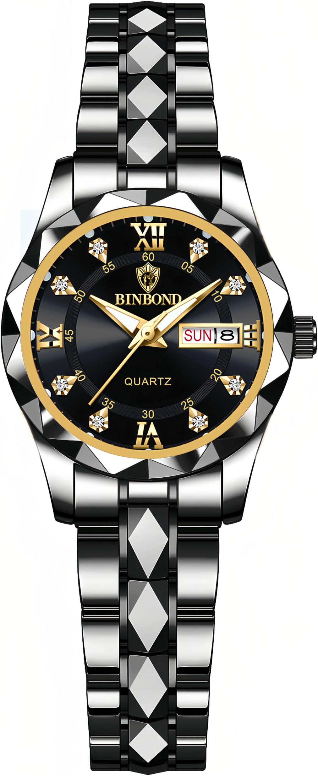 Luxury Men's and Women's Business Diamond Stainless Steel Waterproof Roman Numeral Analog Quartz Watch with Day-Date Calendar, Gold and Silver Tone