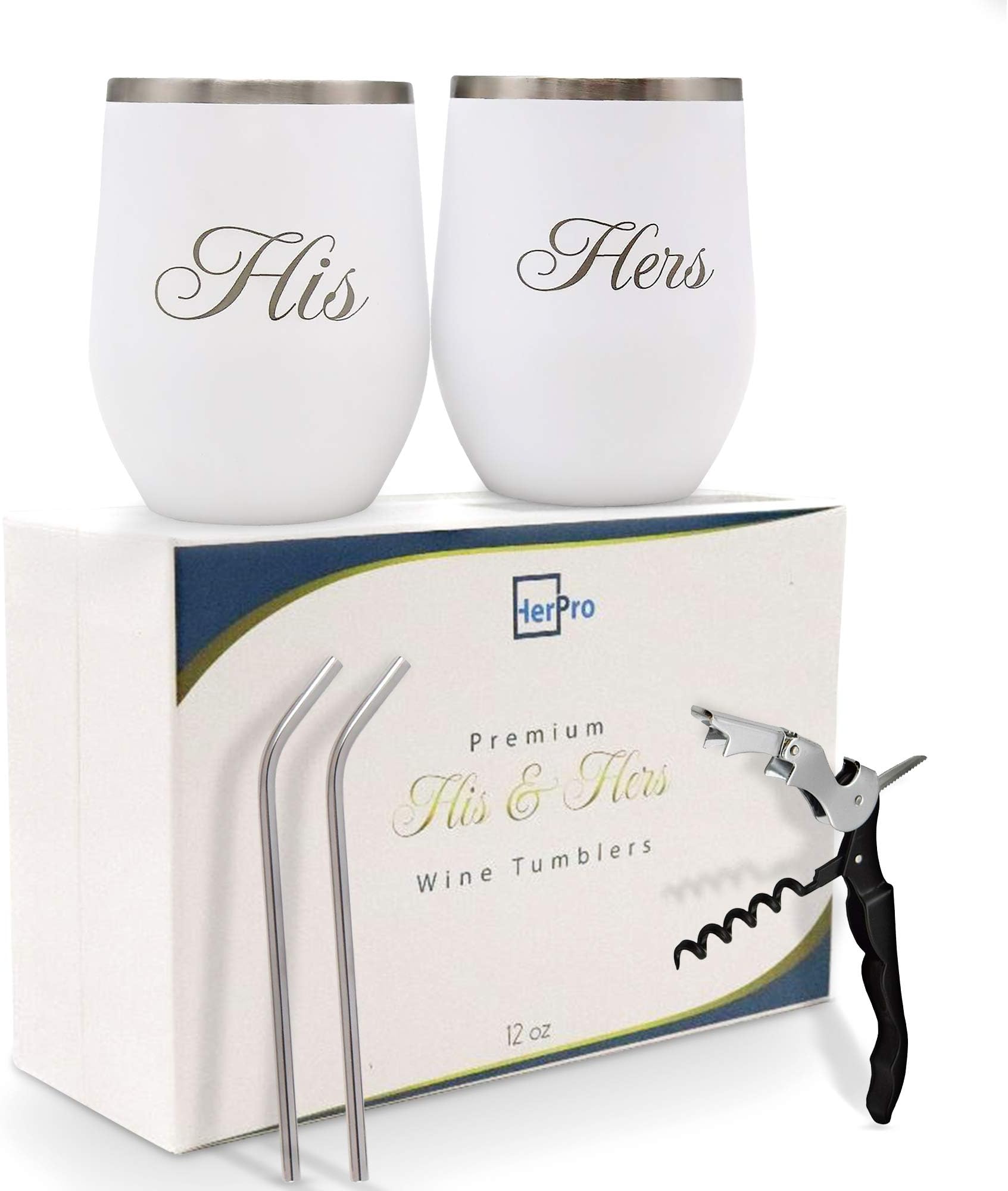 His and Hers Wine Tumbler Wedding Gifts for the Couple - Bridal Shower, Anniversary, Bachelorette - Champagne, Cocktail - Corkscrew, Double Insulated Coffee Cups and Stainless Steel Straws Set