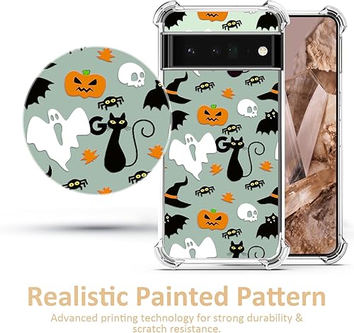 Miniatura 5 de CAROKI Funda transparente de Halloween para Google 6a, con patrón de fantasma, funda protectora de TPU suave, delgada, a prueba de golpes, para