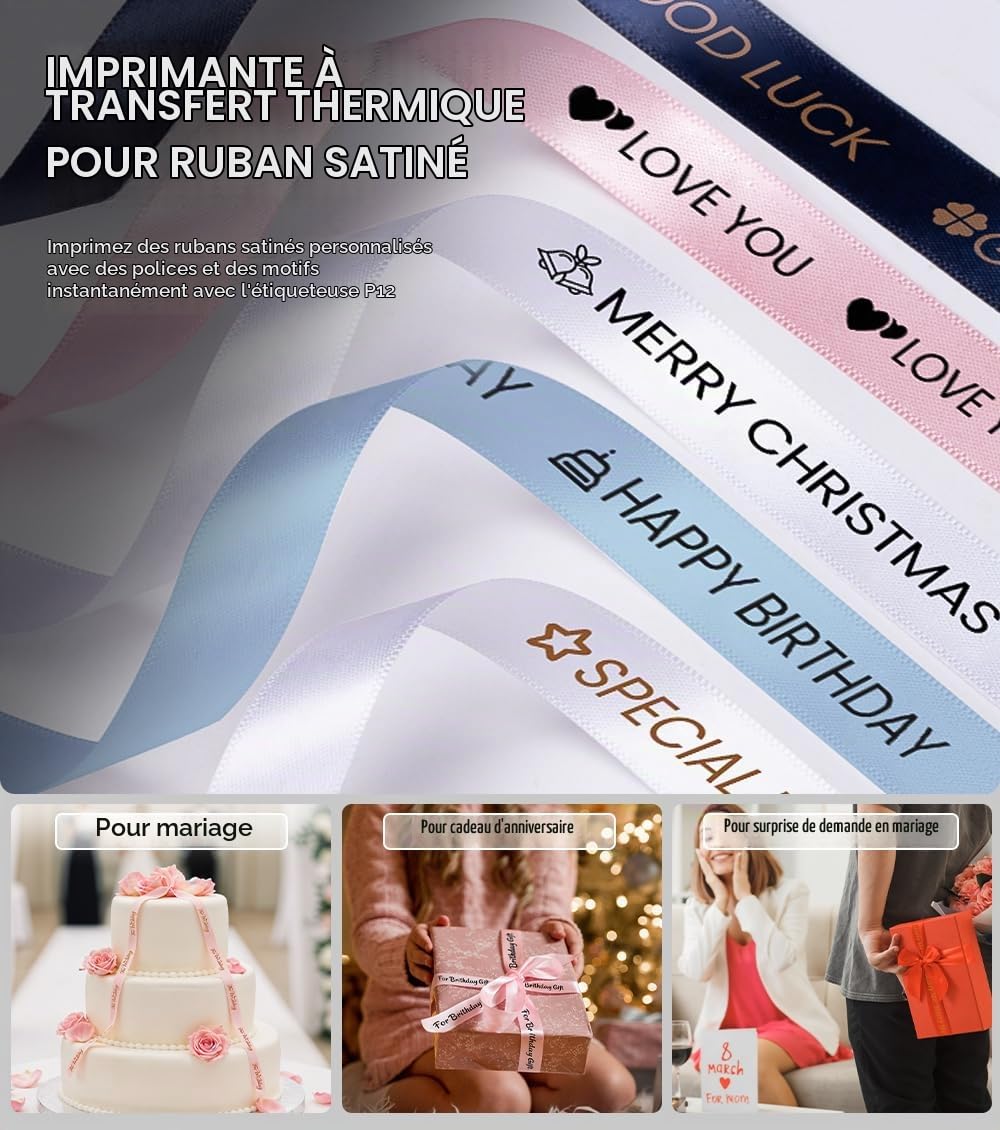Phomemo P12 Étiqueteuse: pour Vêtements, école, Cuisine et Bureau | 3-en-1: Étiquettes autocollantes, thermocollantes et rubans satin. Avec l'app Print Master. Idéal pour vêtements