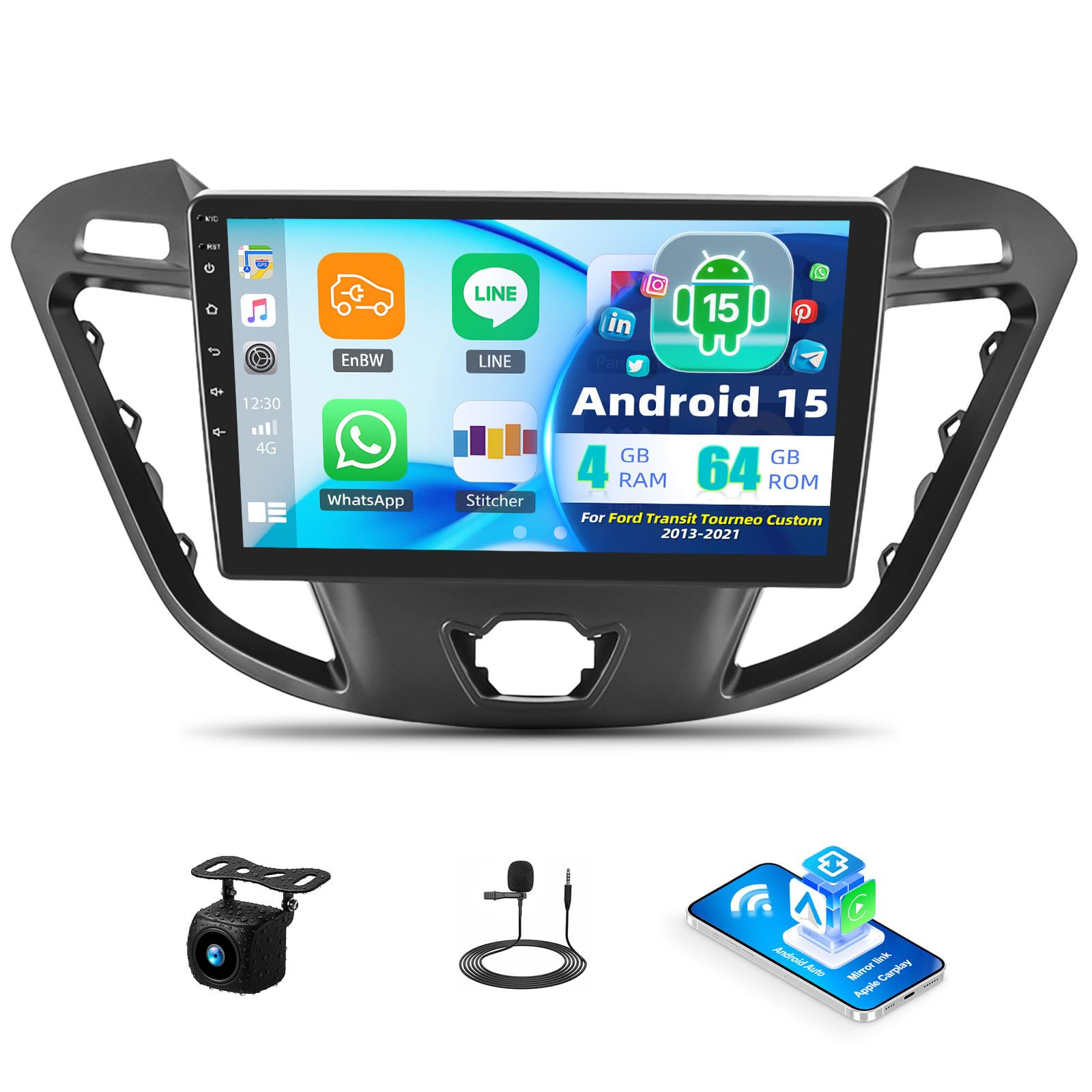 SIXTOP 4+64 Go 9" Android 15 Autoradio pour Ford Transit/Tourneo Custom 2013-2021 Radio 2 Din avec CarPlay sans Fil Android Auto Voiture GPS WiFi Bluetooth FM/RDS Caméra de Recul Commande au Volant EQ