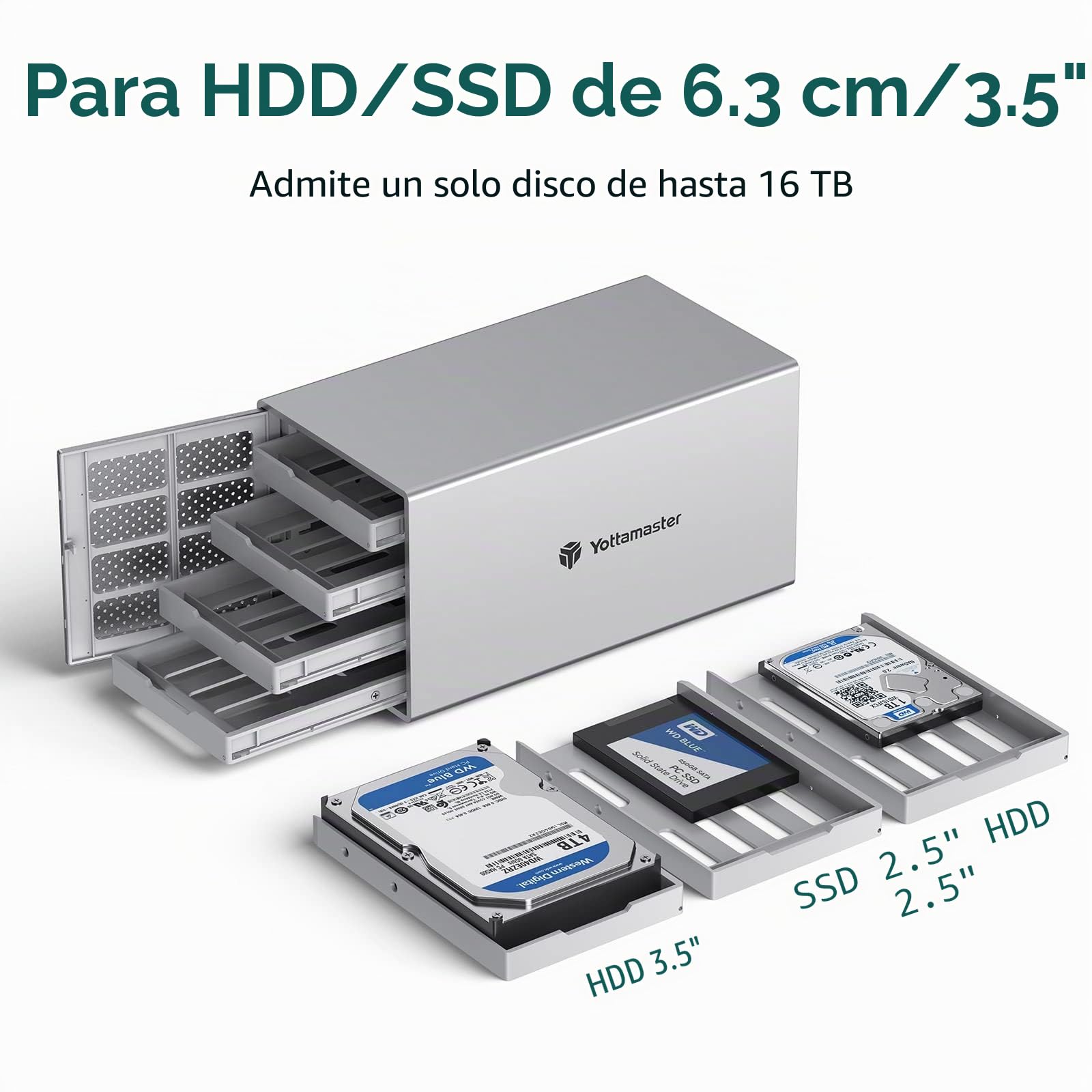 Yottamaster 4 Bahías Aluminio Caja para Disco Duro de 2.5"/3.5" SATA HDD/SSD Soporta 4 x 22TB, USB 3.0 Externo Carcasa para Disco Duro con Ventilador de 80mm