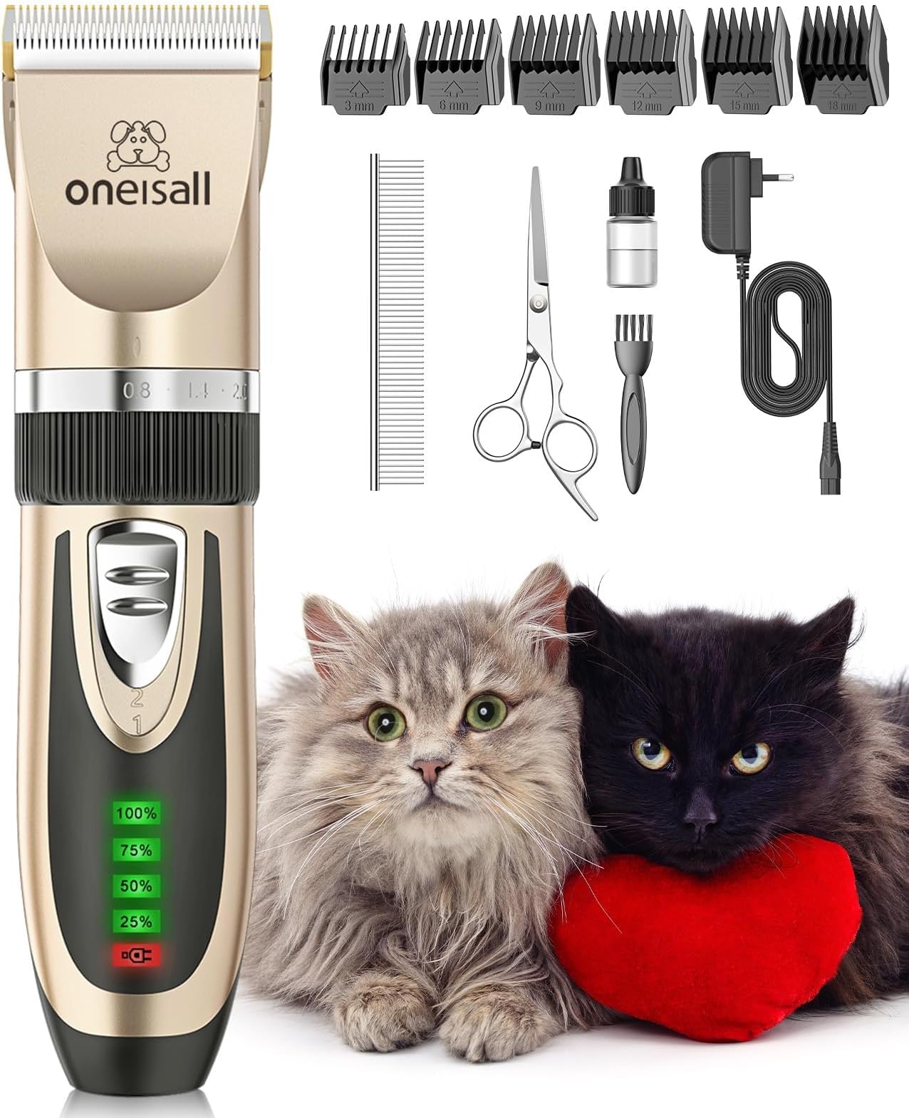 oneisall Cat Clippers for Matted Fur, Cordless Low Noise Cat Grooming Clippers for Long Hair, 2-Speed Hair Trimmer for Cats Animals (Gold)