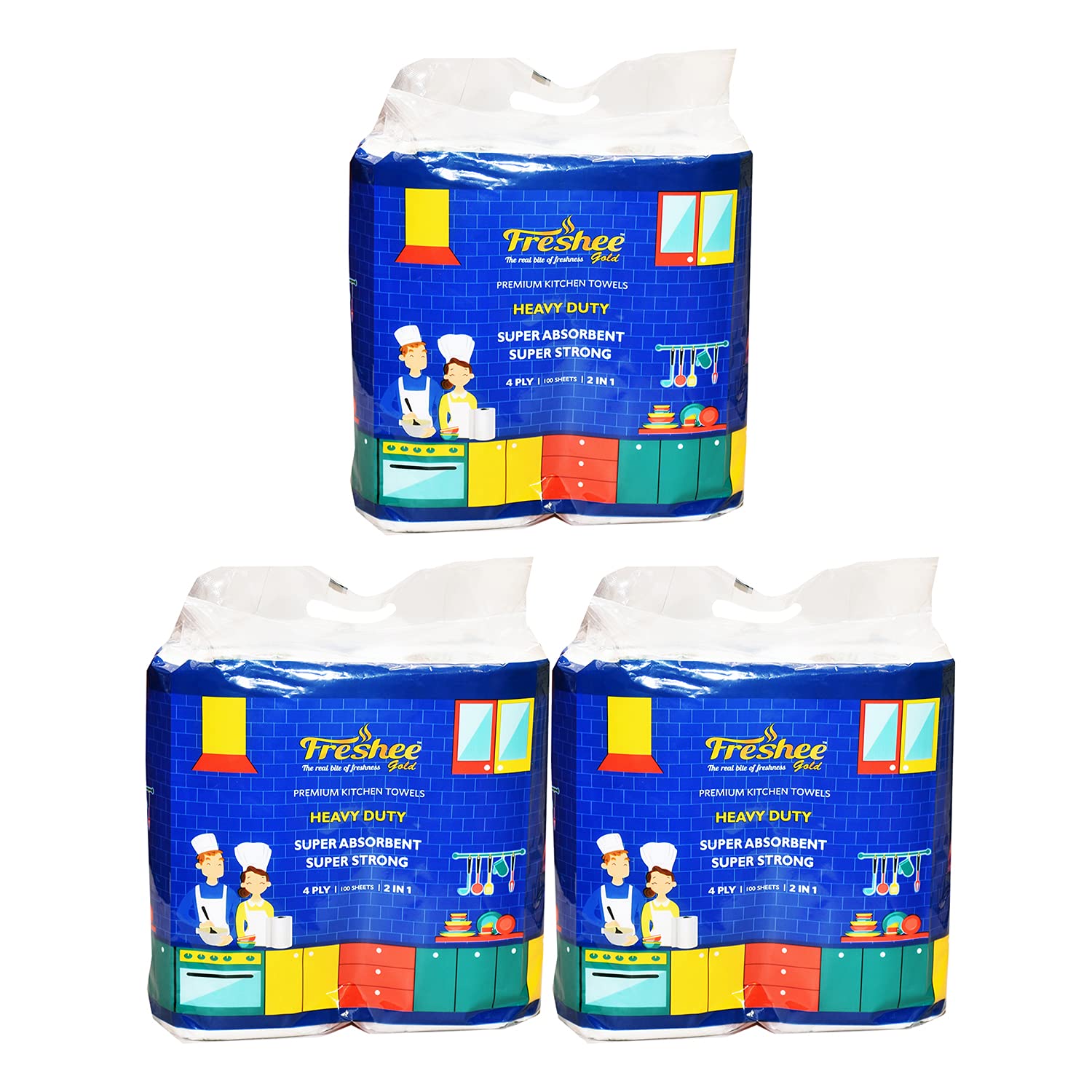 Freshee 4 Ply Kitchen Towels, Kitchen Tissue Paper Rolls Super Absorbent Heavy Duty Tissues - Pack of 3, 2 Rolls (100 Pulls per Roll)-image-20