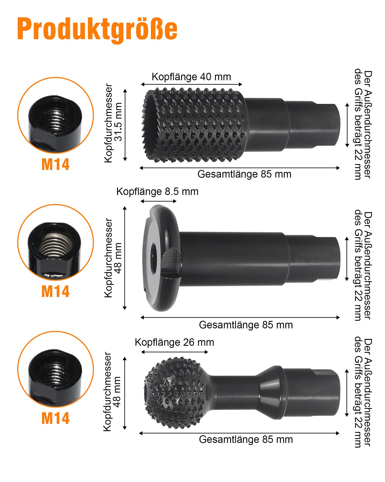 3 Stück M14 Kugelfräser Holz Schnitzen: Kugelmeißel Schnitzen Schleifköpfe Kugelraspel für 115/125mm Winkelschleifer