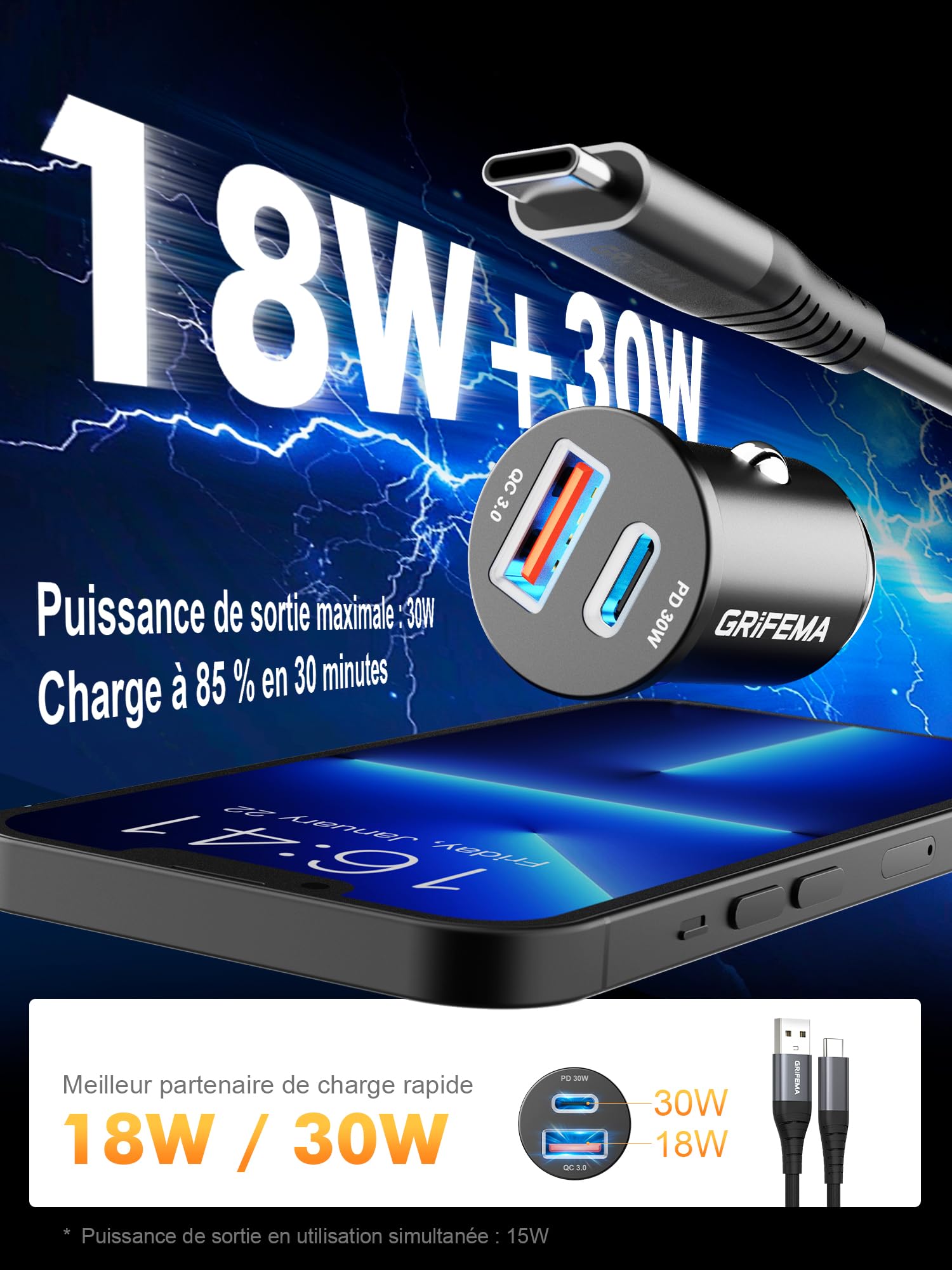 GRIFEMA Chargeur Allume Cigare USB C 30W, Chargeur Voiture Rapide Double Port avec USB-C PD 30W et USB-A QC 3.0 18W, Prise Allume Cigare 12V pour iPhone 16 15 14, Samsung, iPad–Boîtier en Aluminium
