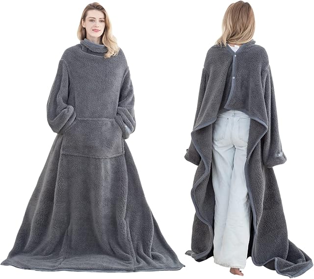 CHOSHOME Wearable Blanket with Sleeves 130X180CM Warm Sherpa Wearable Blanket Fluffy Throw in Winter Soft Wearable Snuggle Blanket TV Blanket with Pocket and Foot Pocket for Adult Grey